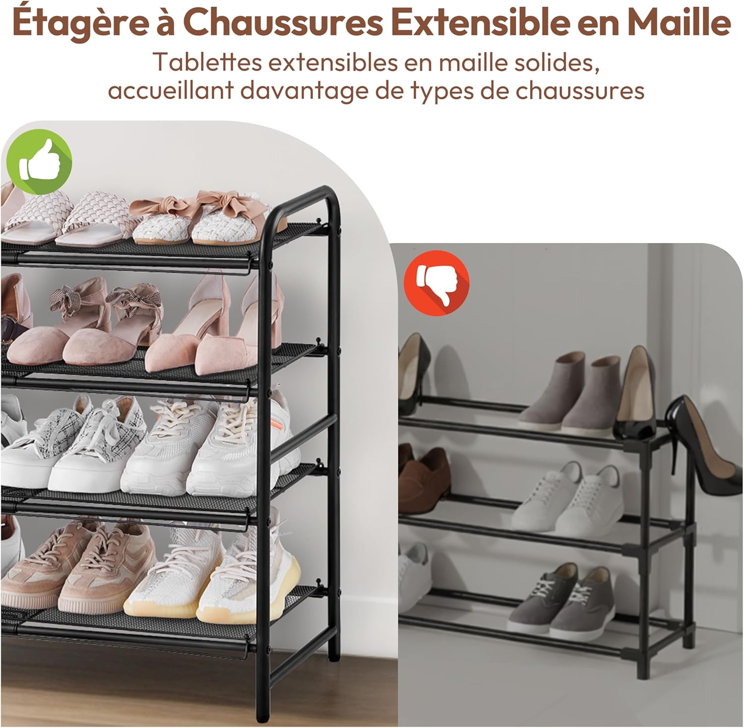 Thumbnail 5 de Yaheetech Étagère à chaussures extensible 4 niveaux (50–84,5 cm) en maille métallique pour 15–20 paires, noire
