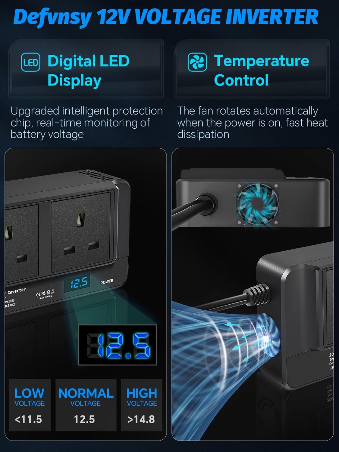 Thumbnail 3 de Defvnsy 200W power inverter with 2 sockets and 4 USB ports 🔌