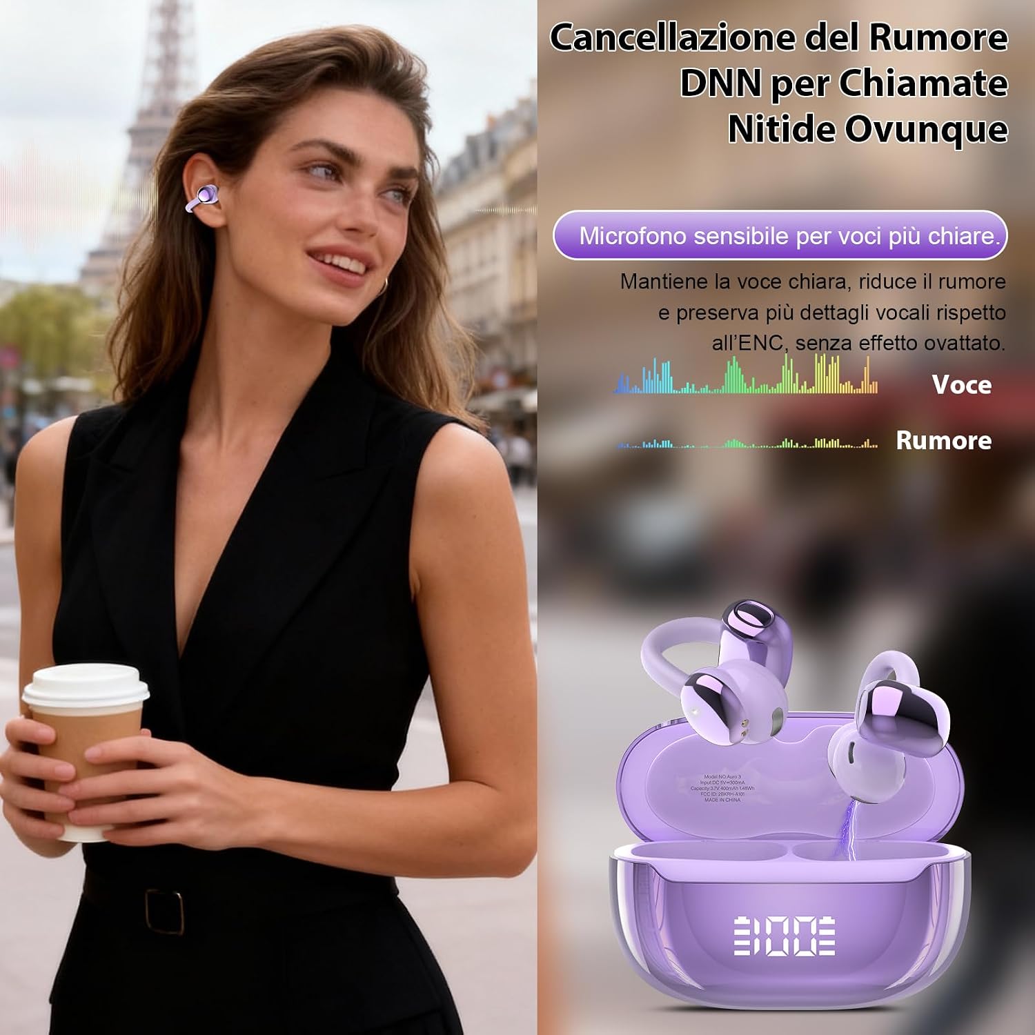 Detalle de Cuffie Bluetooth 5.4 con Conduzione Ossea Open Ear e Clip-On: Comfort, Resistenza IPX7 e Display LED