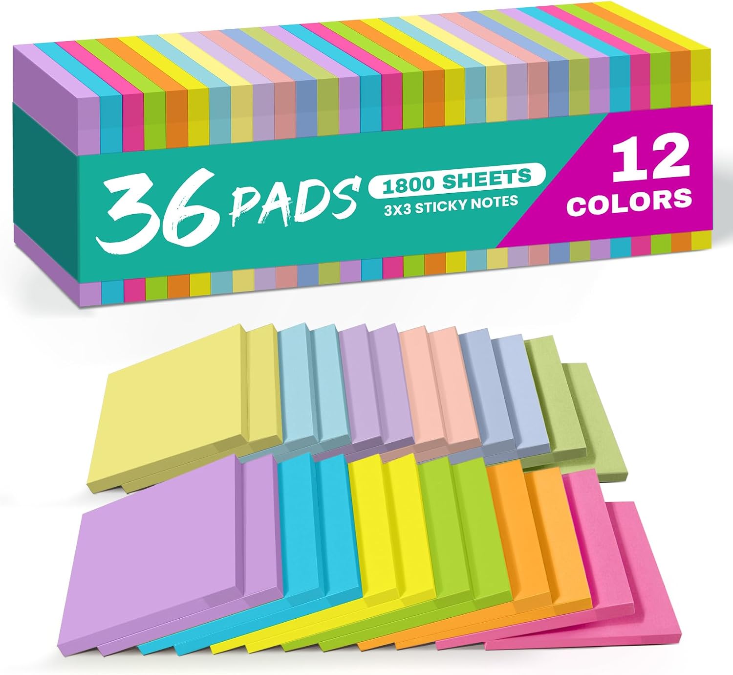 Detalle de Taja T121-Bright-36 Pad Sticky Notes, 3 x 3 Inches, 12 Bright Colors