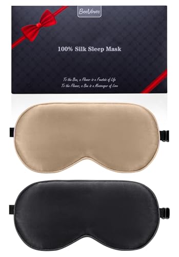 Detalle de BeeVines 100% Mulberry Silk Sleep Mask – Blackout Eye Mask (Black & Olive Gold)