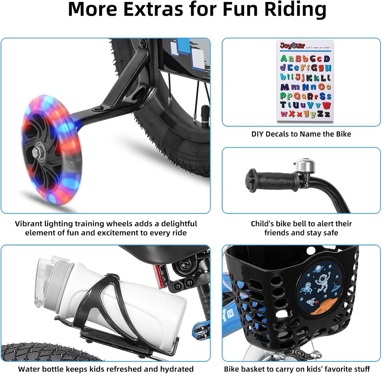 Detalle de JOYSTAR Pluto 12-20 Inch Kids Bike: Light-Up Training Wheels, Adjustable Seat, and Safe Chain Guard