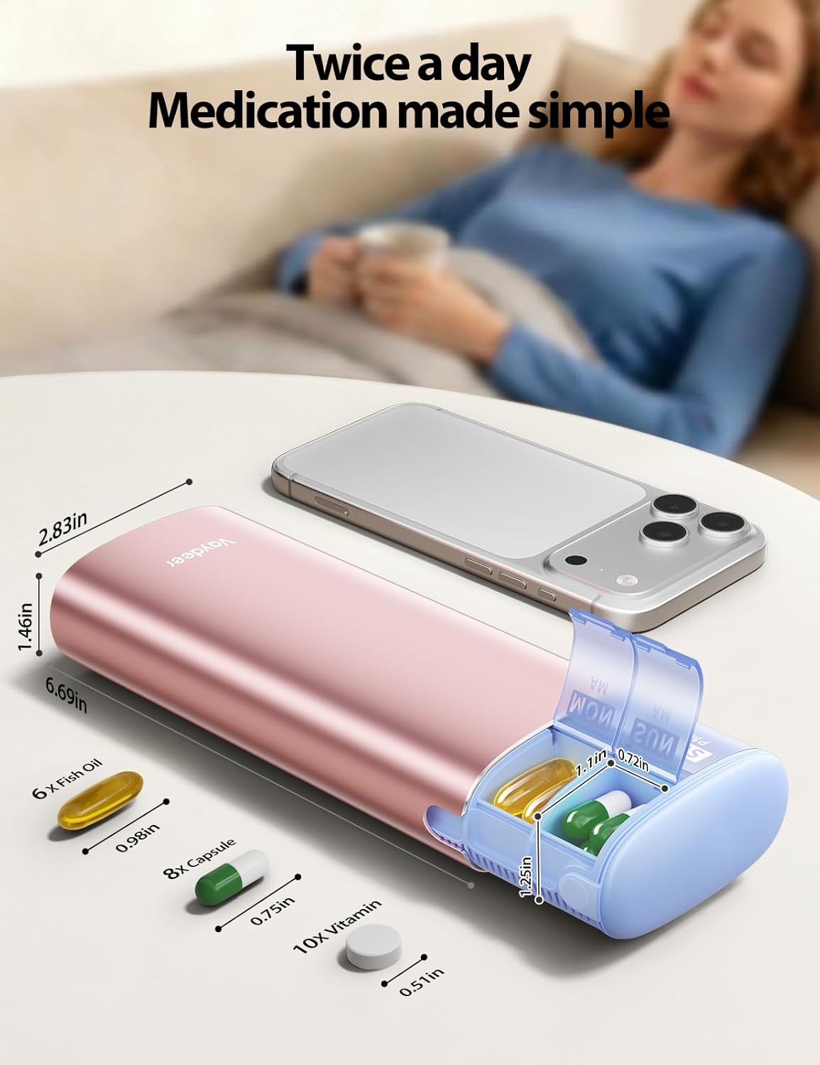 Detalle de Vaydeer Metal 7 Day Pill Organizer 2 Times a Day (AM/PM) – Rose Gold