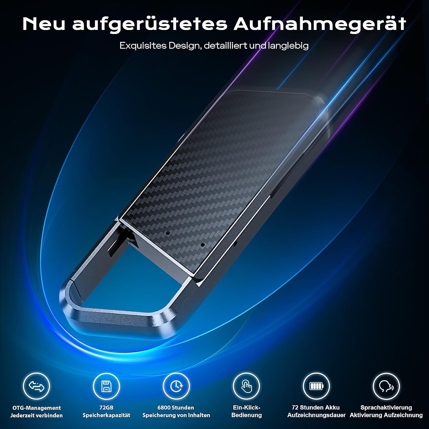 Detalle de 72GB Diktiergerät con riconoscimento vocale – Registratore vocale compatibile OTG, 6800 ore di registrazioni