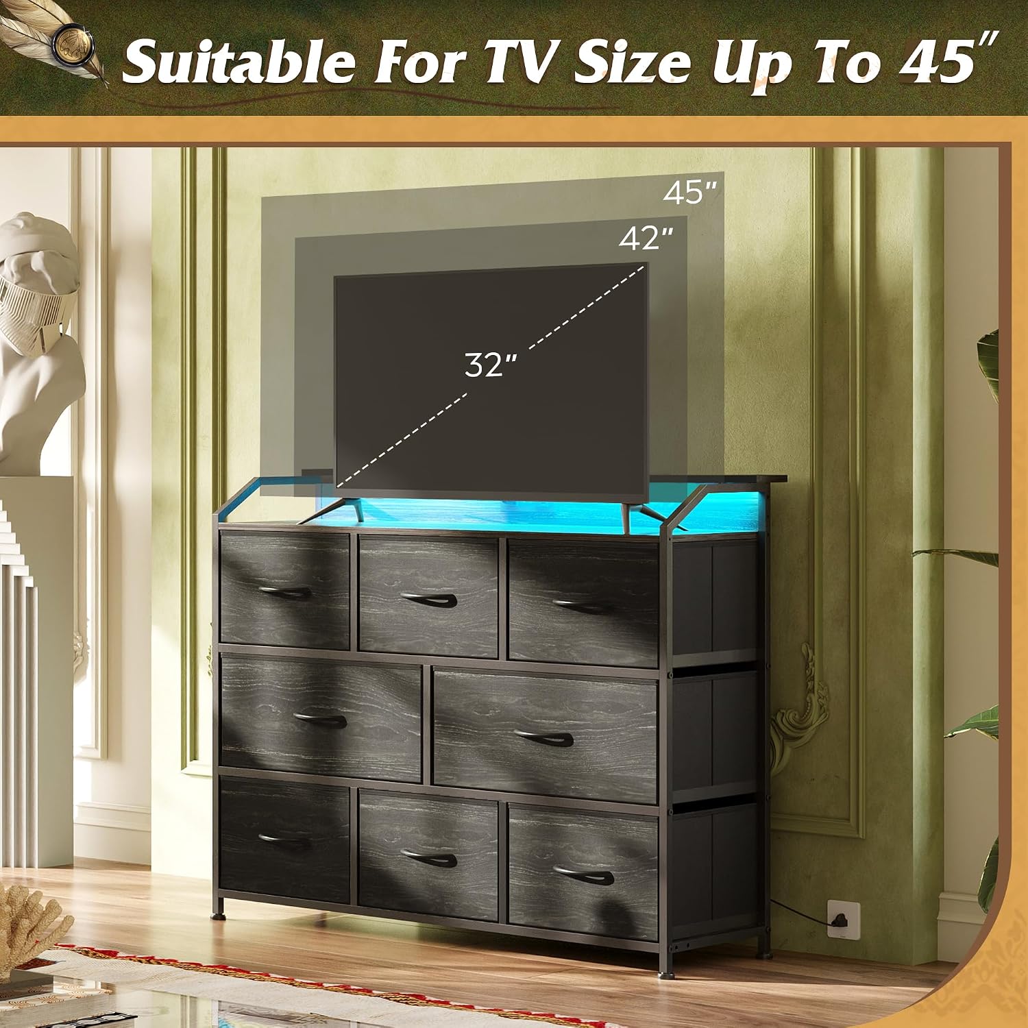 Thumbnail 2 de WLIVE Led Dresser with 8 Fabric Drawers and LED Lights — TV Stand & Storage for Bedroom