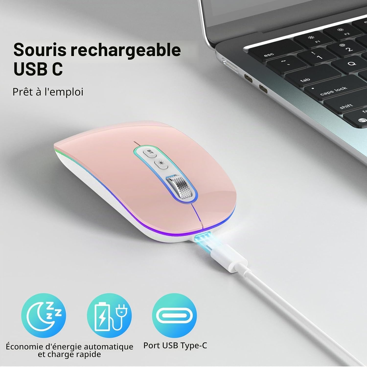 Thumbnail 1 de Cimetech Souris Bluetooth Rechargeable : Souris silencieuse à double modes (Bluetooth 5.1 + USB 2.4G) – Rose