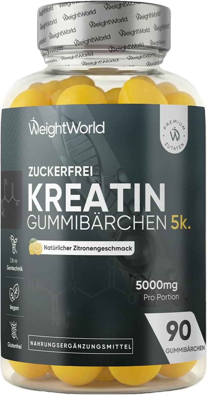 Detalle de WeightWorld Creatin Monohydrat Gummibärchen (5.000 mg pro Portion) – zuckerfreie vegane Kreatin-Gummis mit Zitronengeschmack