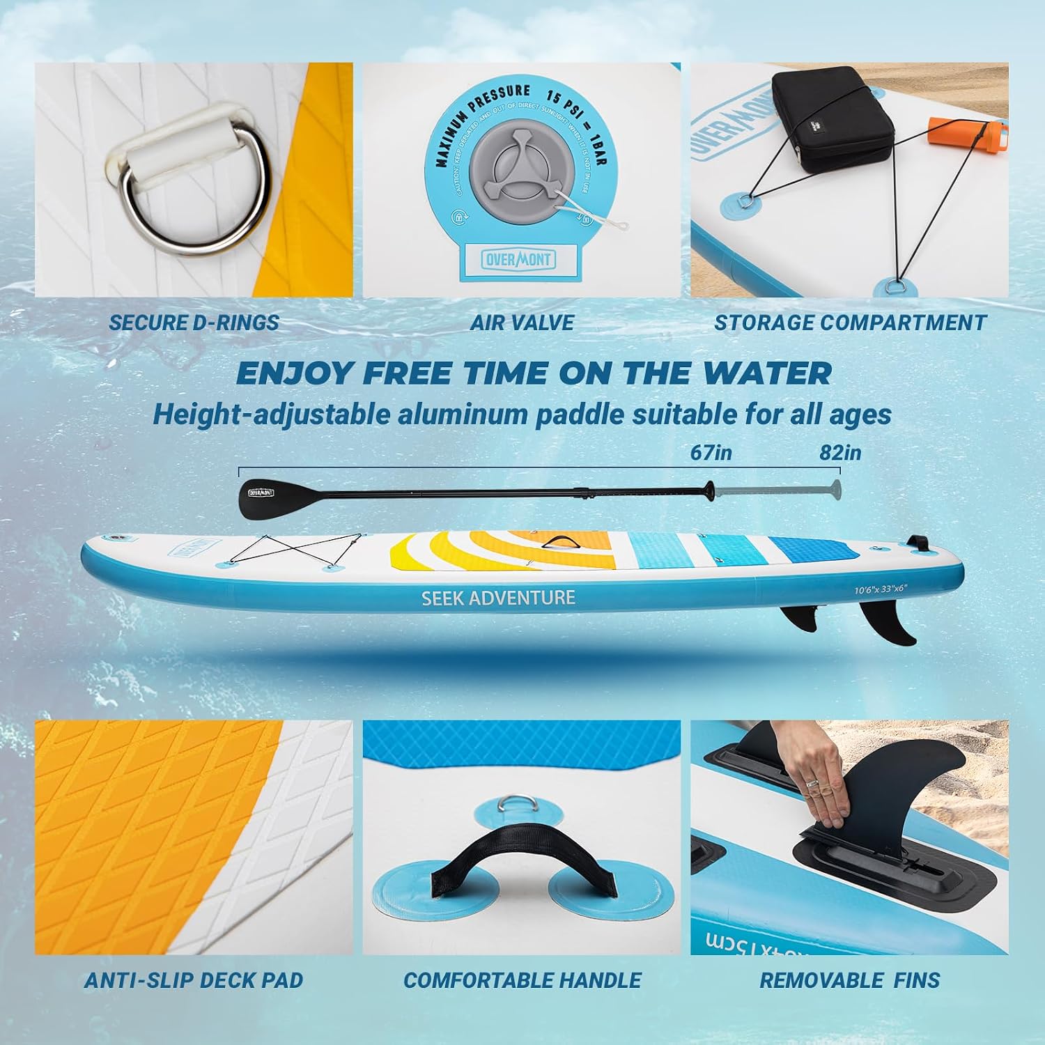 Detalle de Overmont Tavola Stand Up Paddle SUP Gonfiabile 323×84×15 cm – Kit Completo per Adulti