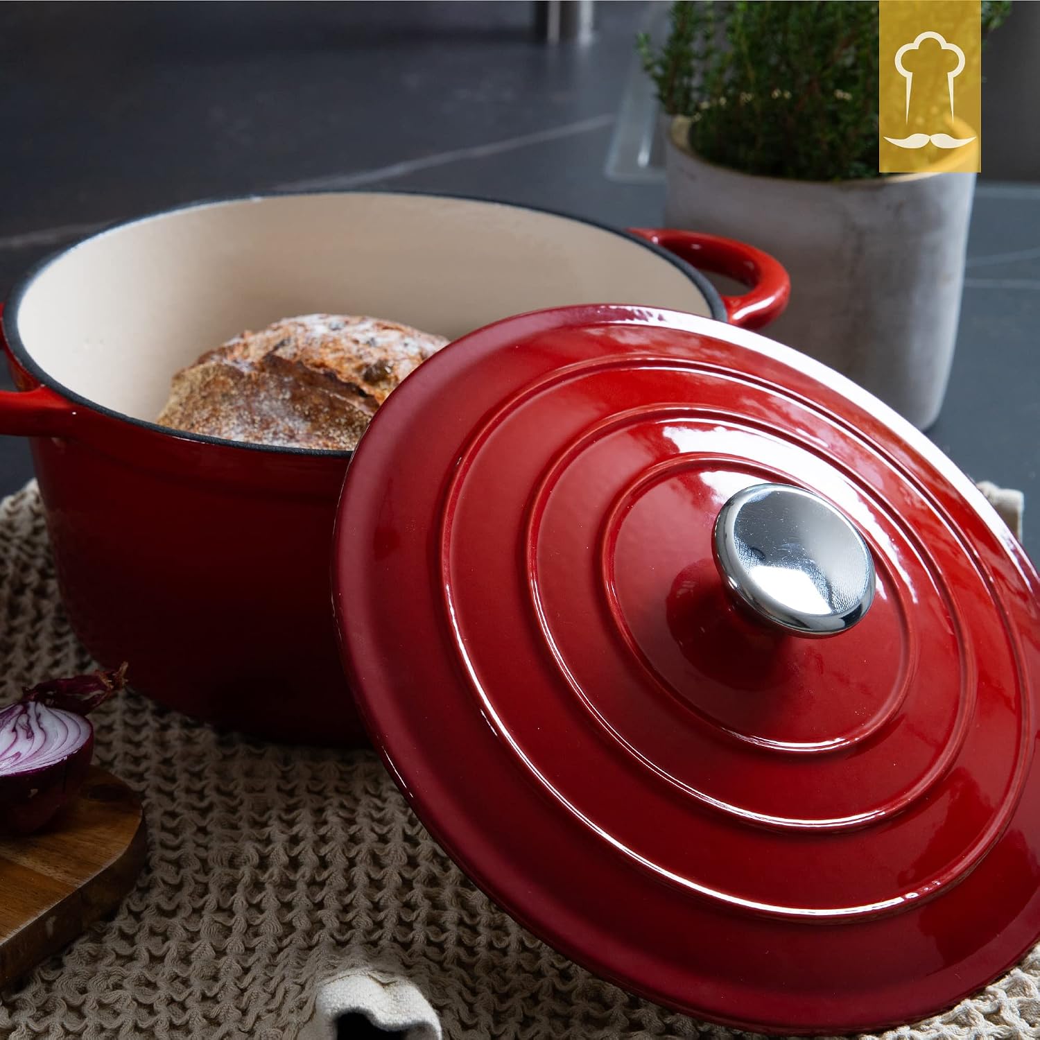 Thumbnail 6 de Chefarone Gusseisen Topf 24 cm (3,5 L) – emaillierter Schmortopf mit Deckel für Brotbacken, Schmoren & Braten