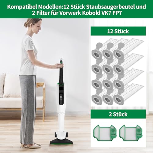 Detalle 2 de Awinker 12 Stück Staubsaugerbeutel und 2 Filter für Vorwerk Kobold VK7 FP7 – Premium Filtertüten & Akku-Beutel