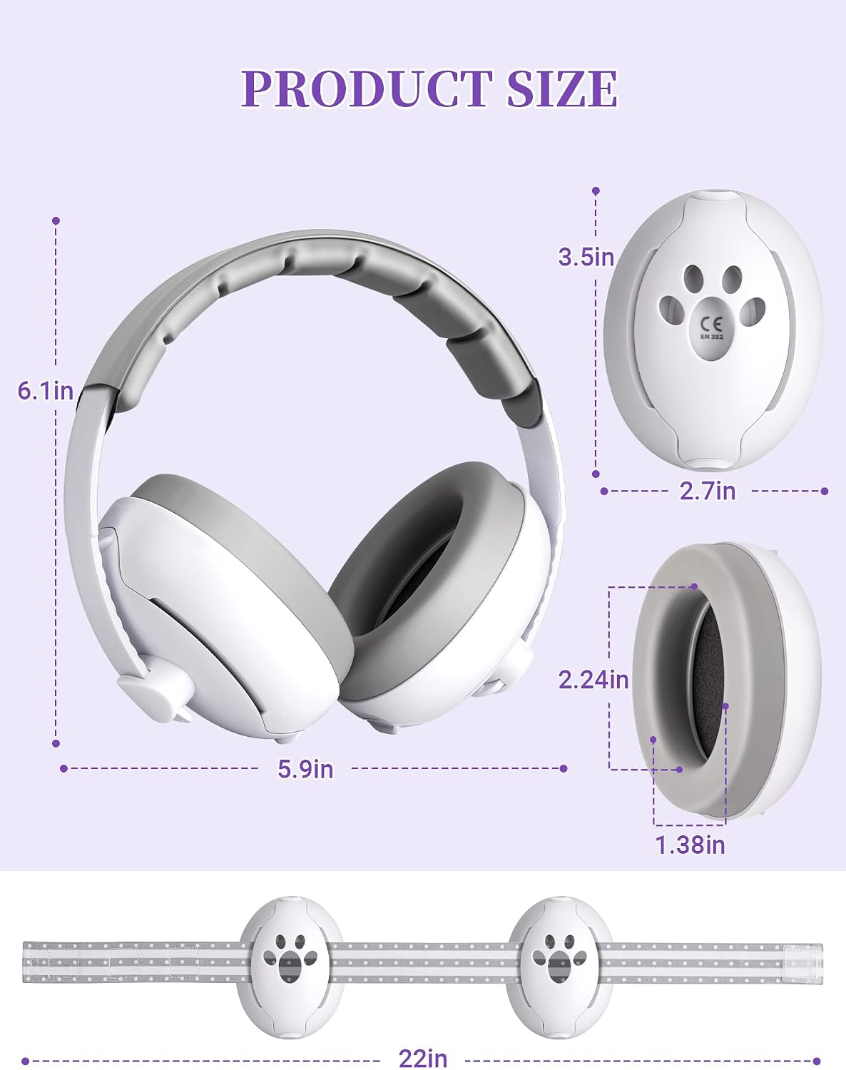 Detalle de HOIGRBOM 2-in-1 Baby Ear Muffs, 24 dB Noise Reduction, Adjustable Headband