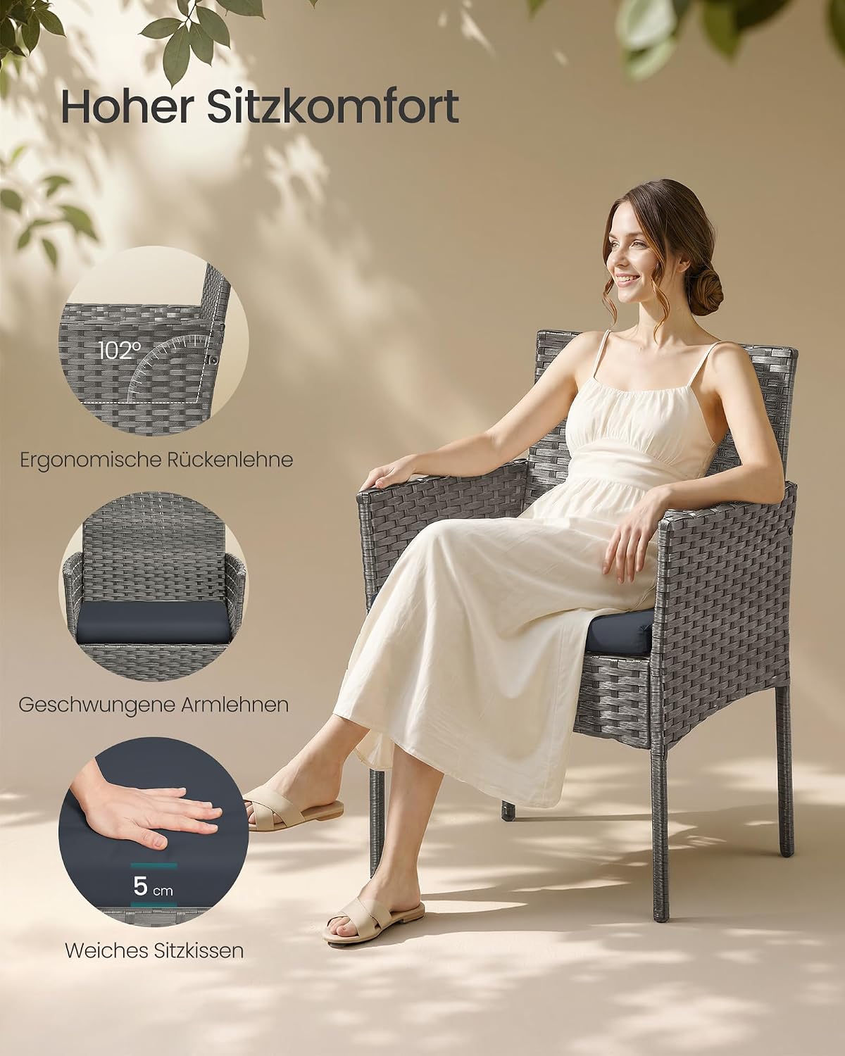 Detalle de SONGMICS Gartenmöbel-Set 4-teilig (Gartenmöbel aus PE-Polyrattan) mit Tisch, 2 Stühlen und 2-Sitzer-Bank – grau GGF004TZ01