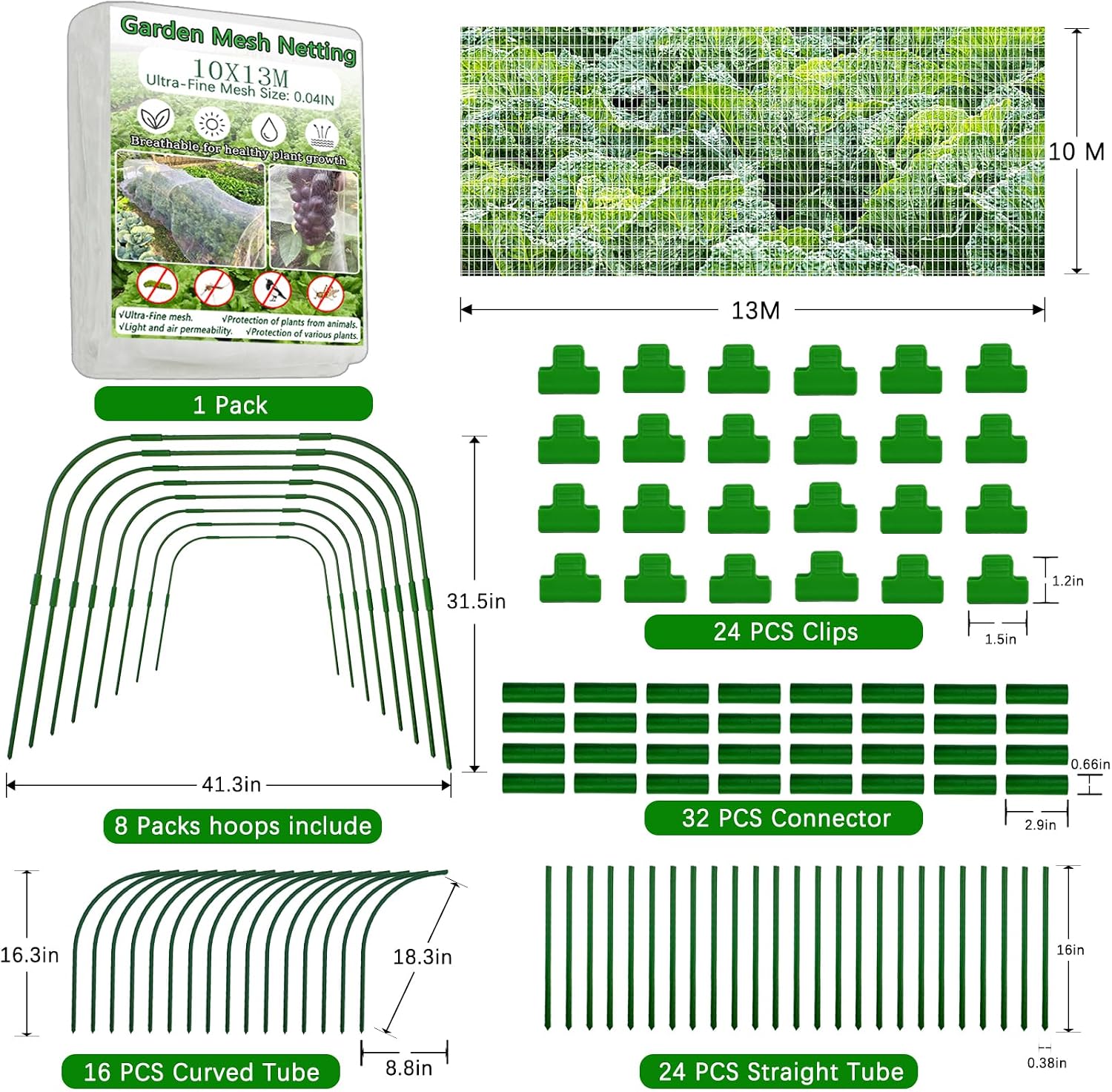 Detalle 2 de Garden Mesh Netting Kit: 3x13M Fine Mesh Net with 8 Garden Hoops and 24 Clips for Pest Protection