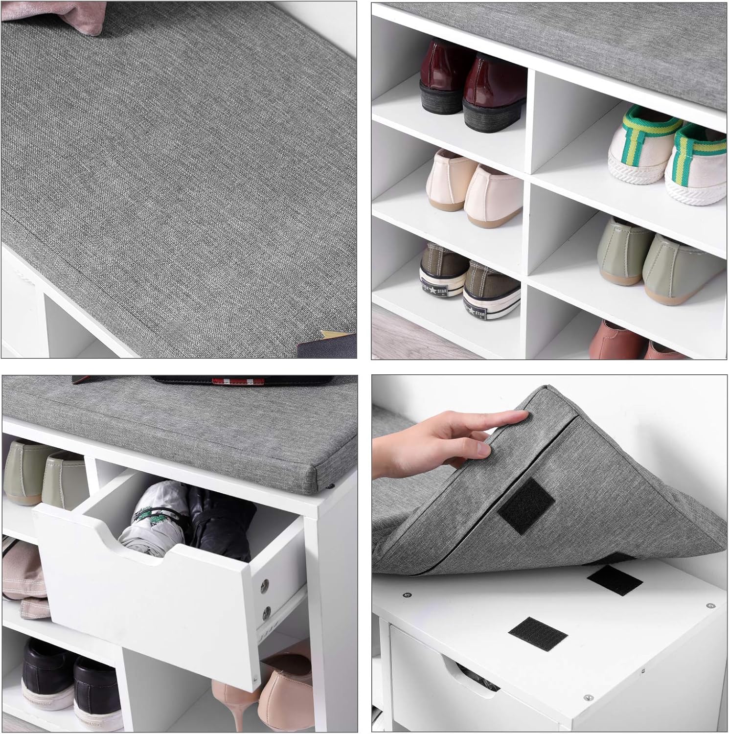 Detalle de VASAGLE Schuhbank LHS24WT – Gepolsterte Sitzbank mit Schublade und offenen Fächern, 104 cm