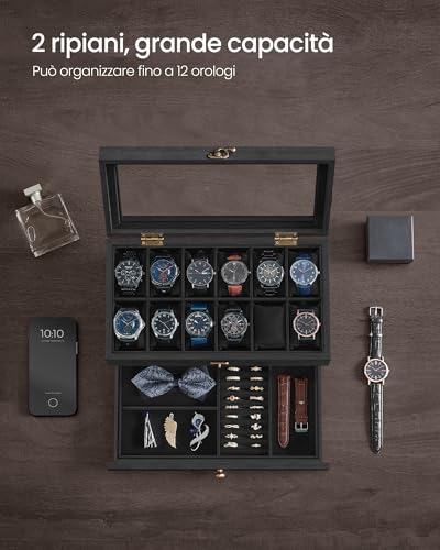 Detalle de SONGMICS Porta Orologi a 12 Scomparti, 2 Livelli, Coperchio in Vetro e Fodera in Velluto – JOW012B02