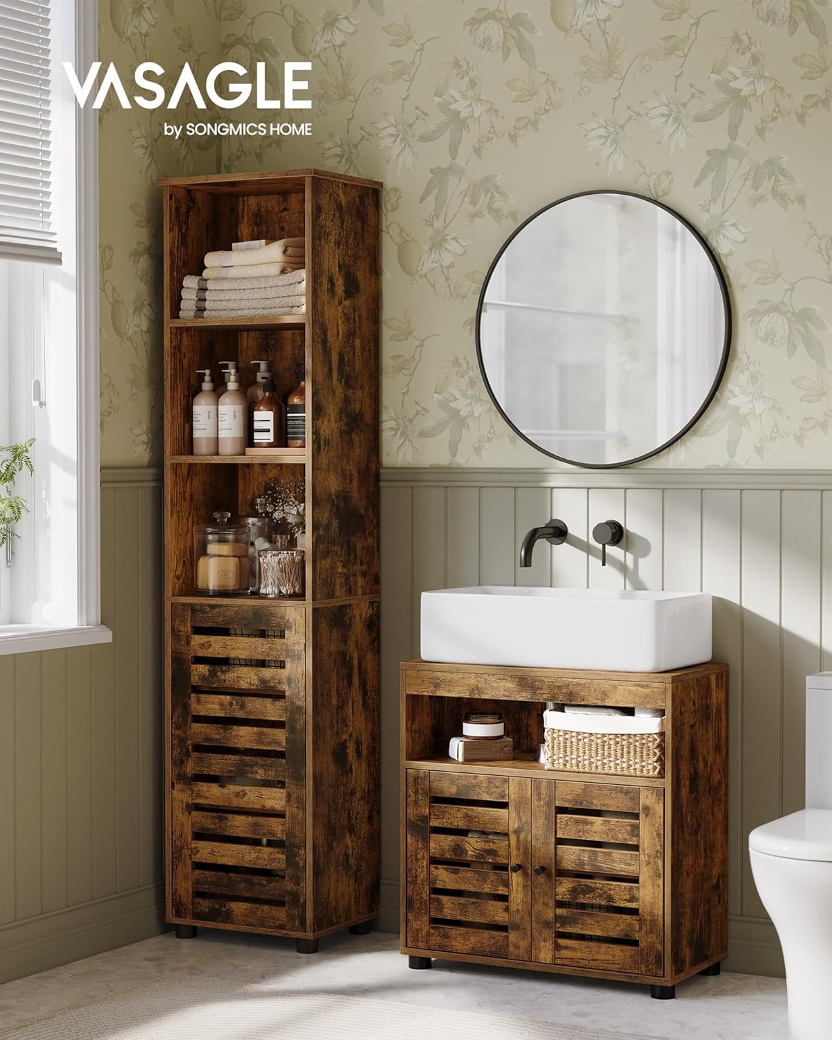 Detalle de VASAGLE BBK04BX Under-Sink Cabinet, Rustic Brown, Adjustable Shelf