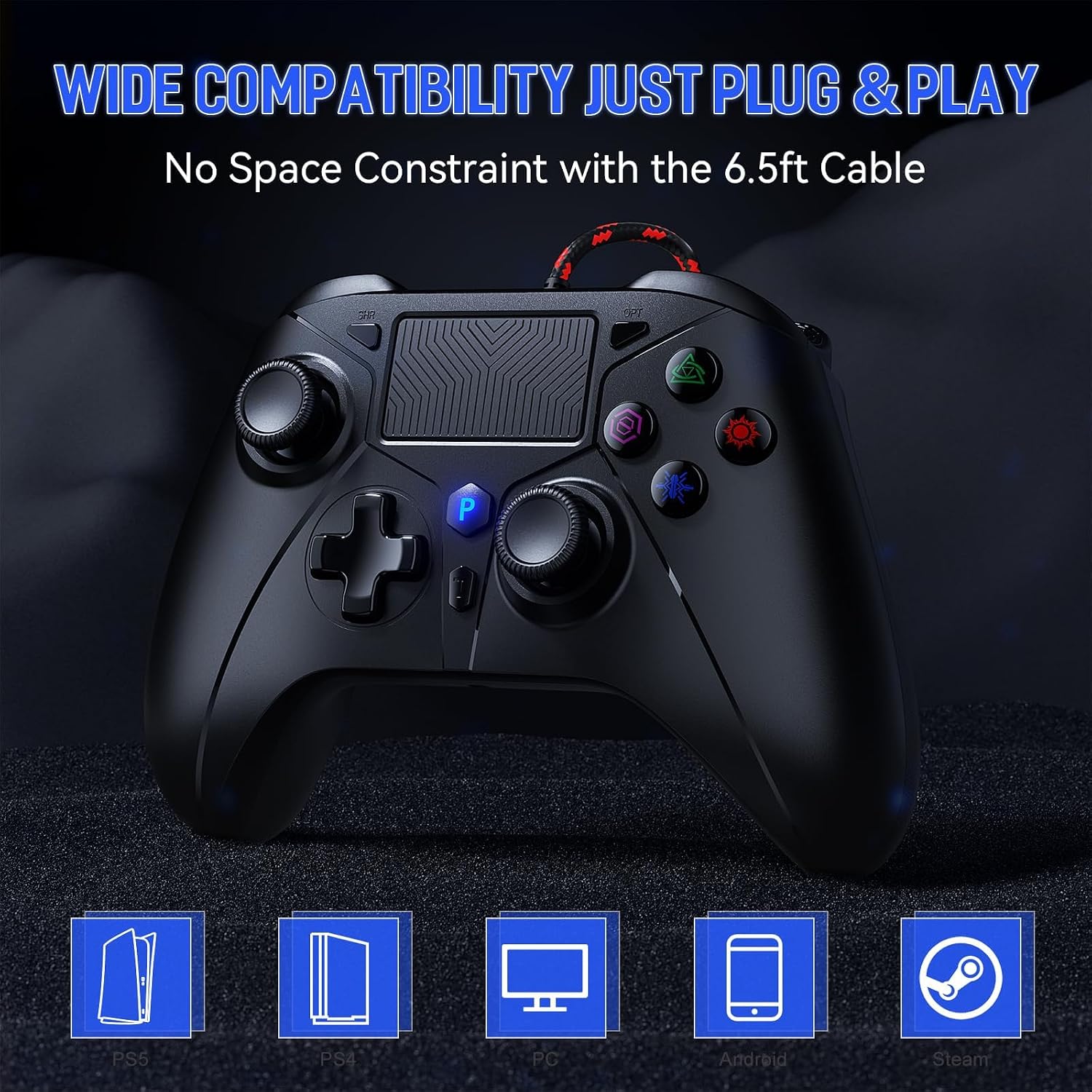 Detalle 2 de Gamrombo Wired Controller for PS5: USB wired comfort for PS5, PS4, and PC with Turbo and 3.5mm jack