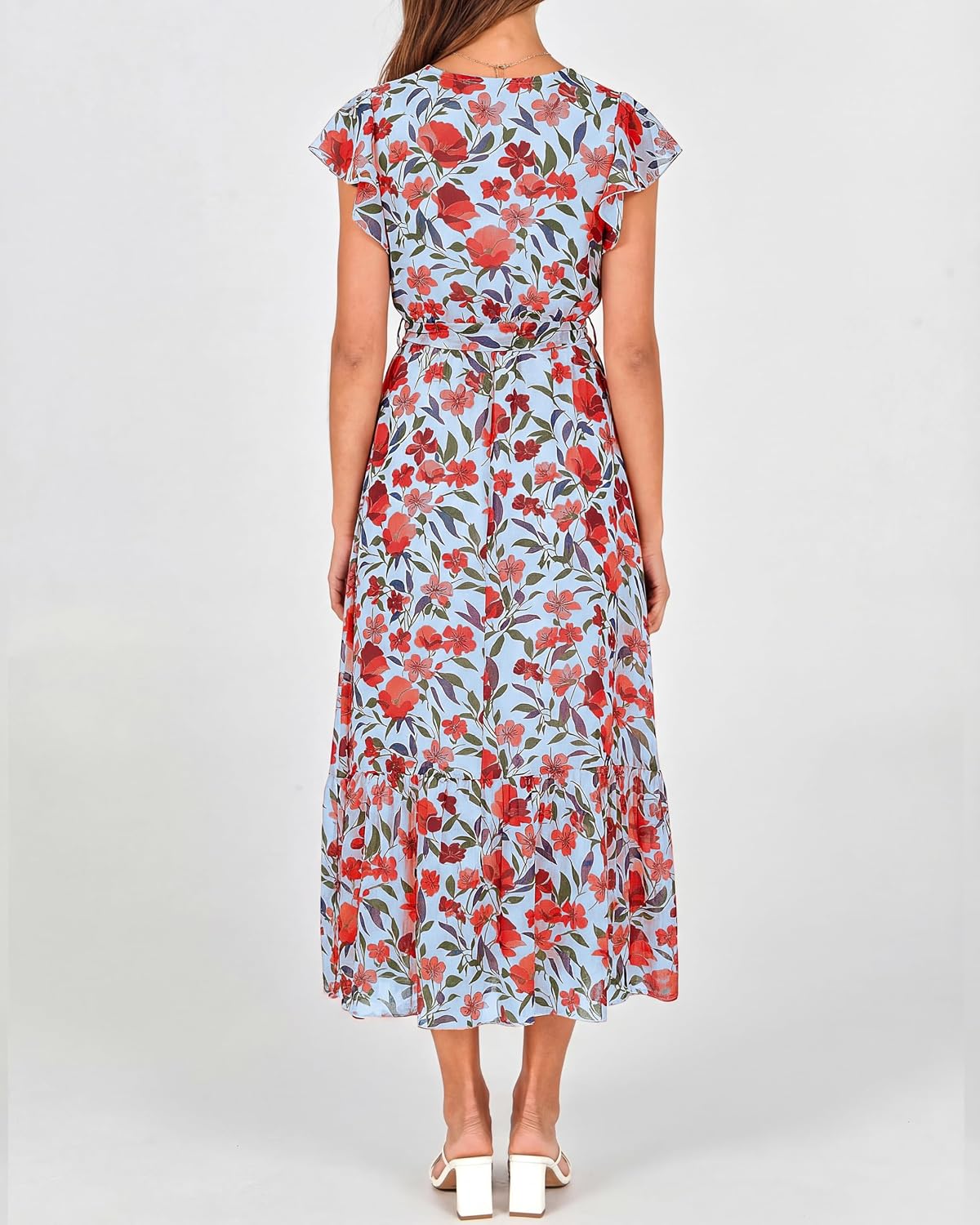 Thumbnail 4 de BTFBM Women Summer Bohemian Floral Wrap Midi Dress with V-Neck, Ruffle Cap Sleeves, and Belt – White