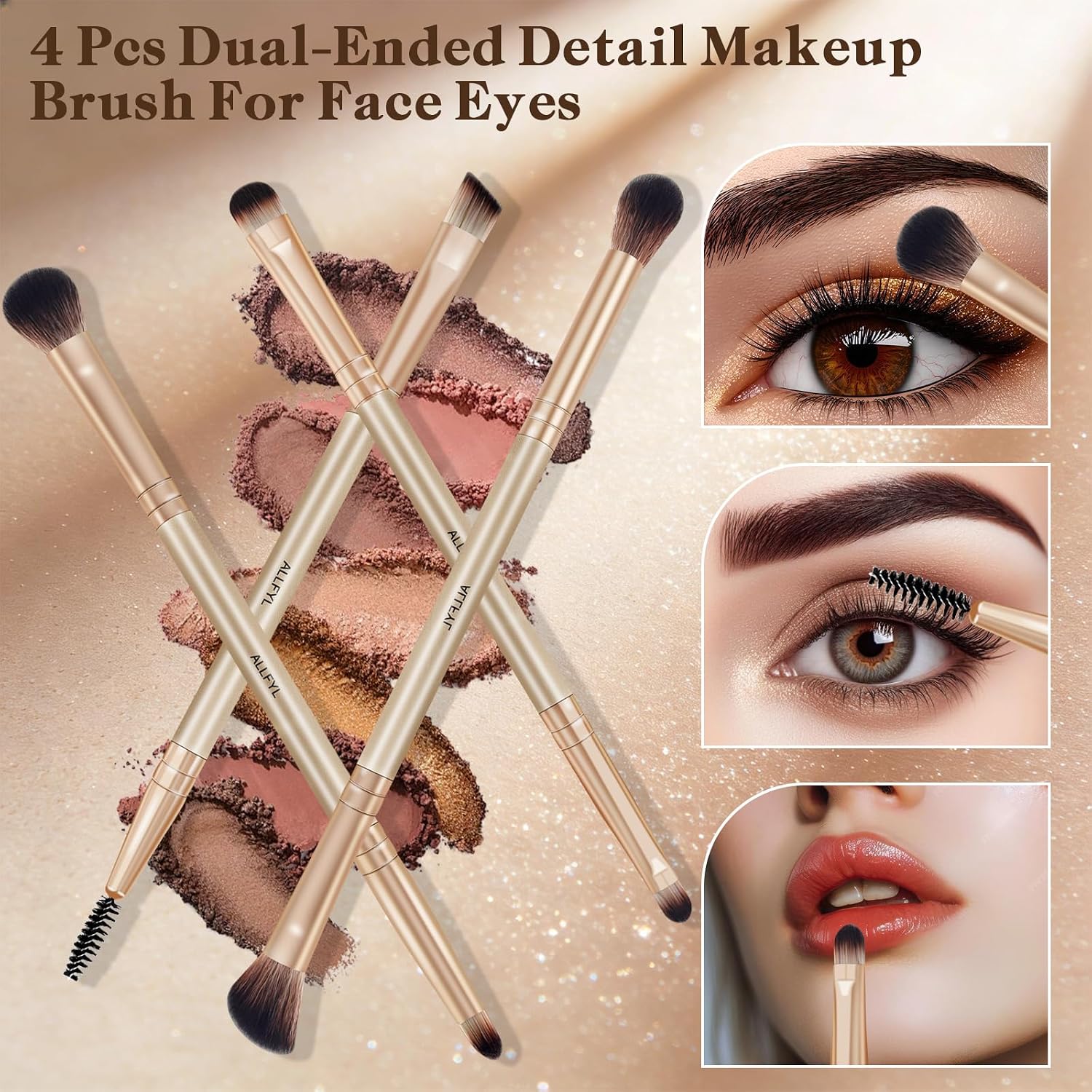 Detalle 2 de ALLFYL Set 6 Pennelli Doppi Trucco Professionali Champagne: kit tutto-in-uno per viso, occhi e labbra