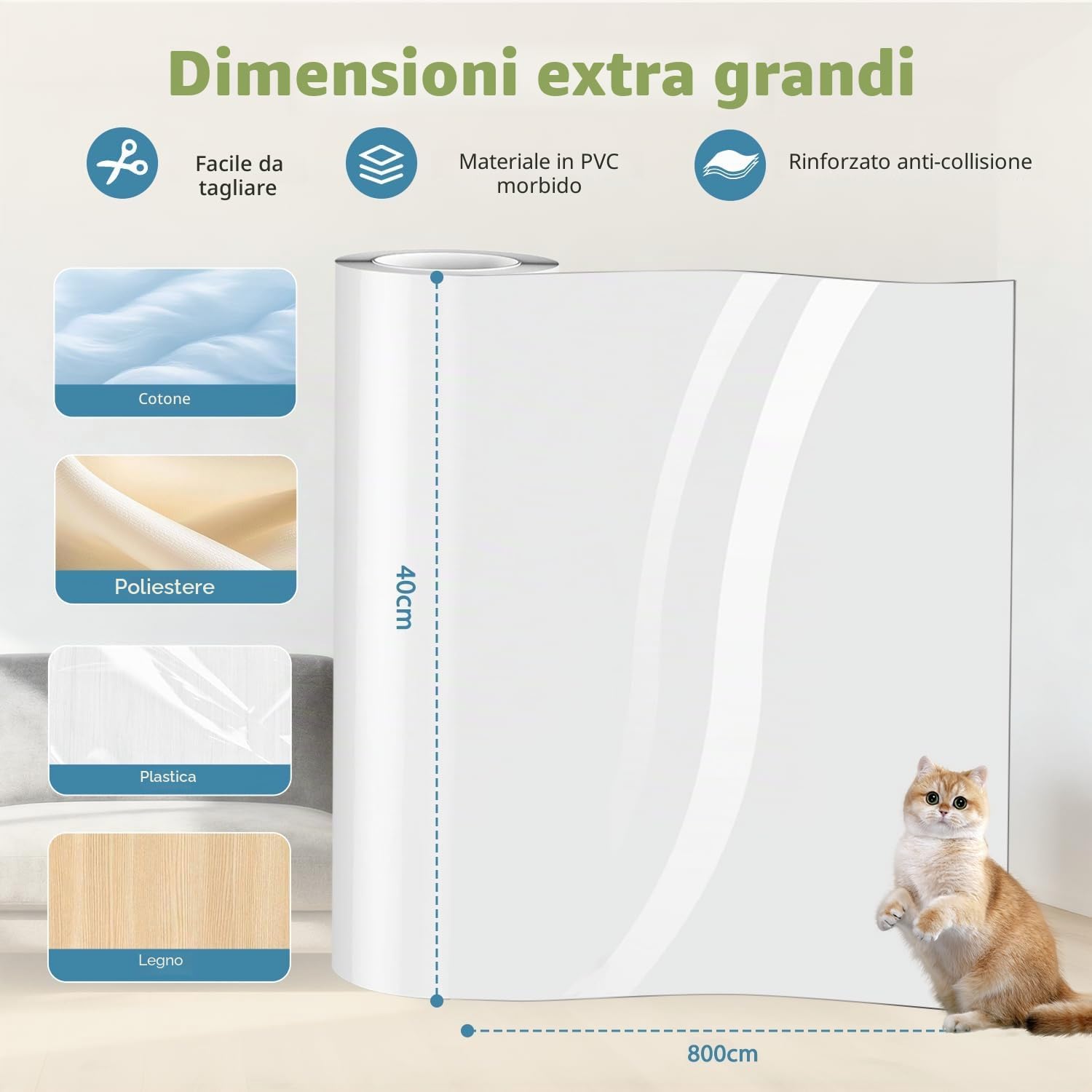 Detalle de Protezione antigraffio per divano per gatti 40x800 cm in PVC – proteggi mobili e superfici