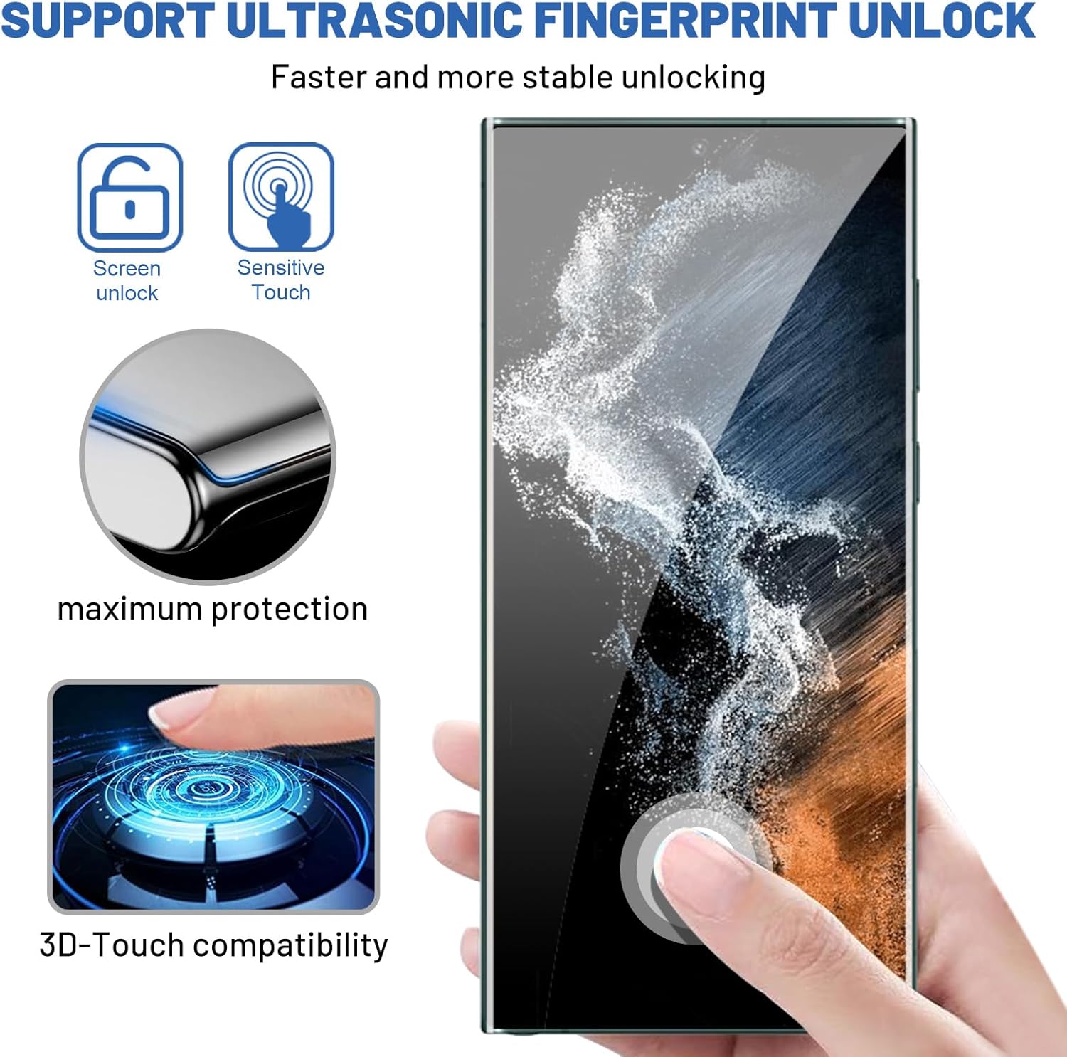 Thumbnail 3 de Samcorn 3-Pack Galaxy S22 Ultra Screen Protector (HD Clear Tempered Glass, Fingerprint Unlock)