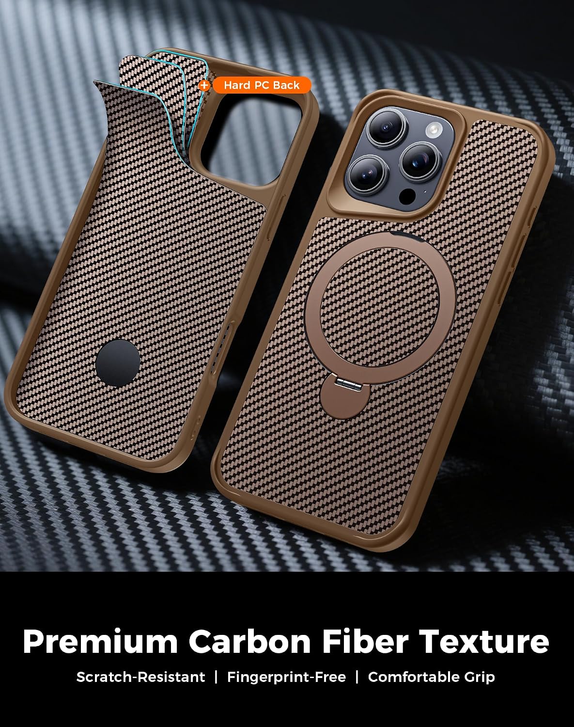 Detalle de Enlafavo 16 Pro Max Case with 360° Magnetic Stand and Carbon Fiber Back, 15FT Military Protection