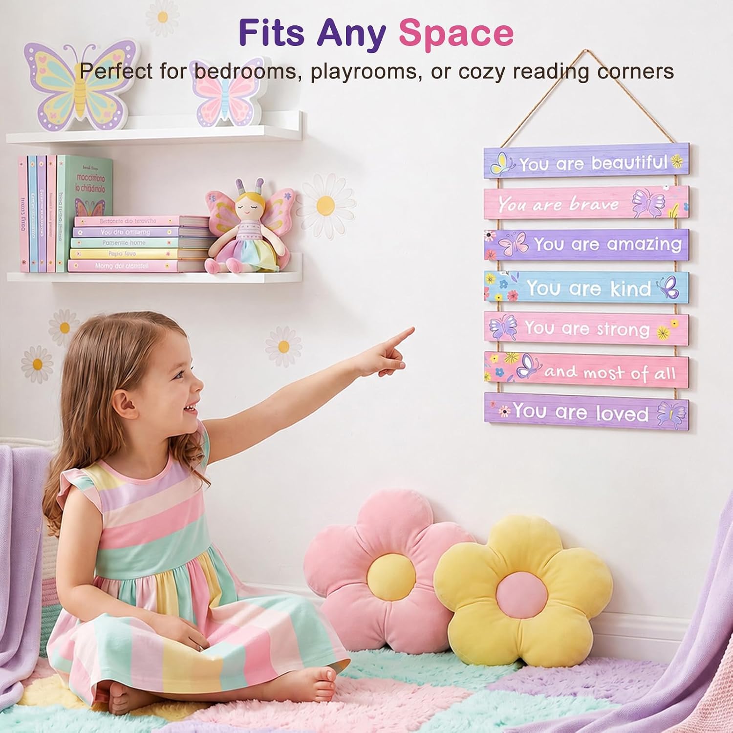 Detalle 1 de Beinou Purple Butterfly Wooden Wall Plaque Set with Motivational Phrases
