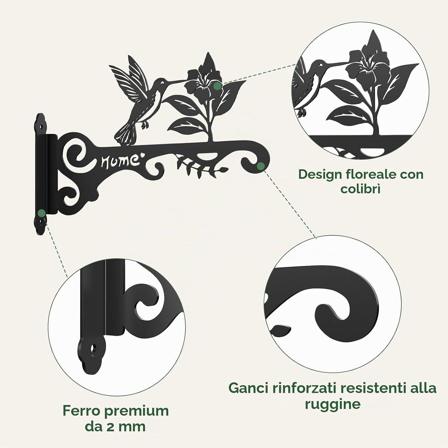 Detalle de Bamworld Staffa da parete per piante – confezione da 2 pezzi, supporto decorativo con motivo colibrì