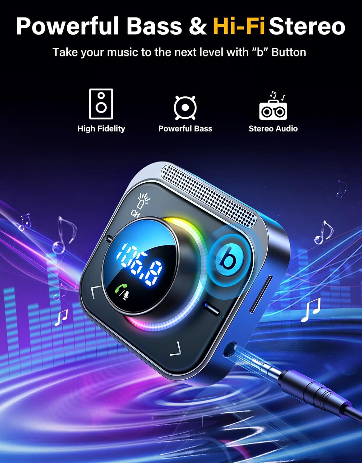 Detalle 2 de JOYROOM 96W FM Transmitter Bluetooth 5.4 with 3 Ports 🔊