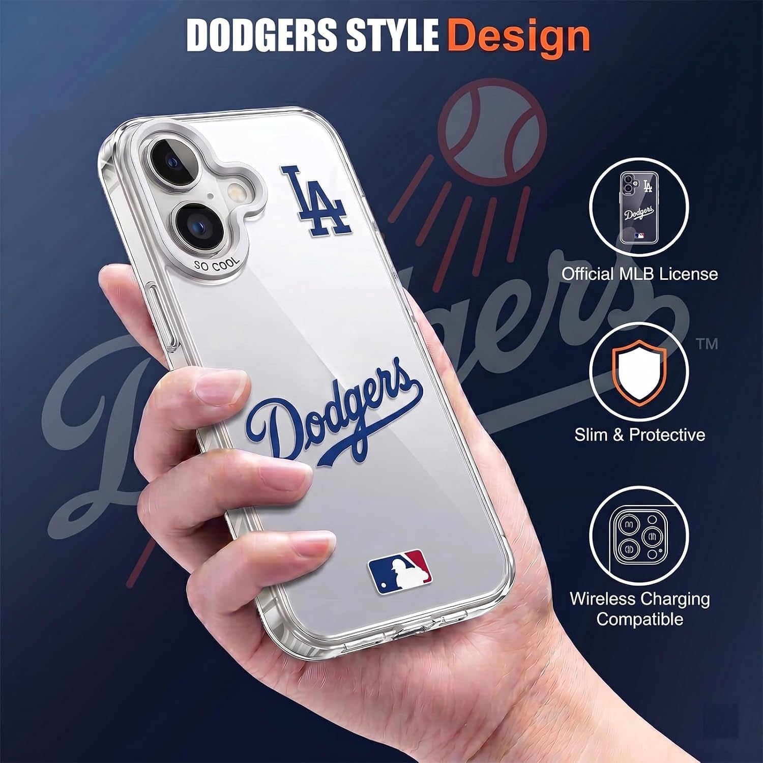Detalle de KOYOEY MLB ロサンゼルス・ドジャース iPhone 17用ケース、耐衝撃・カメラ保護