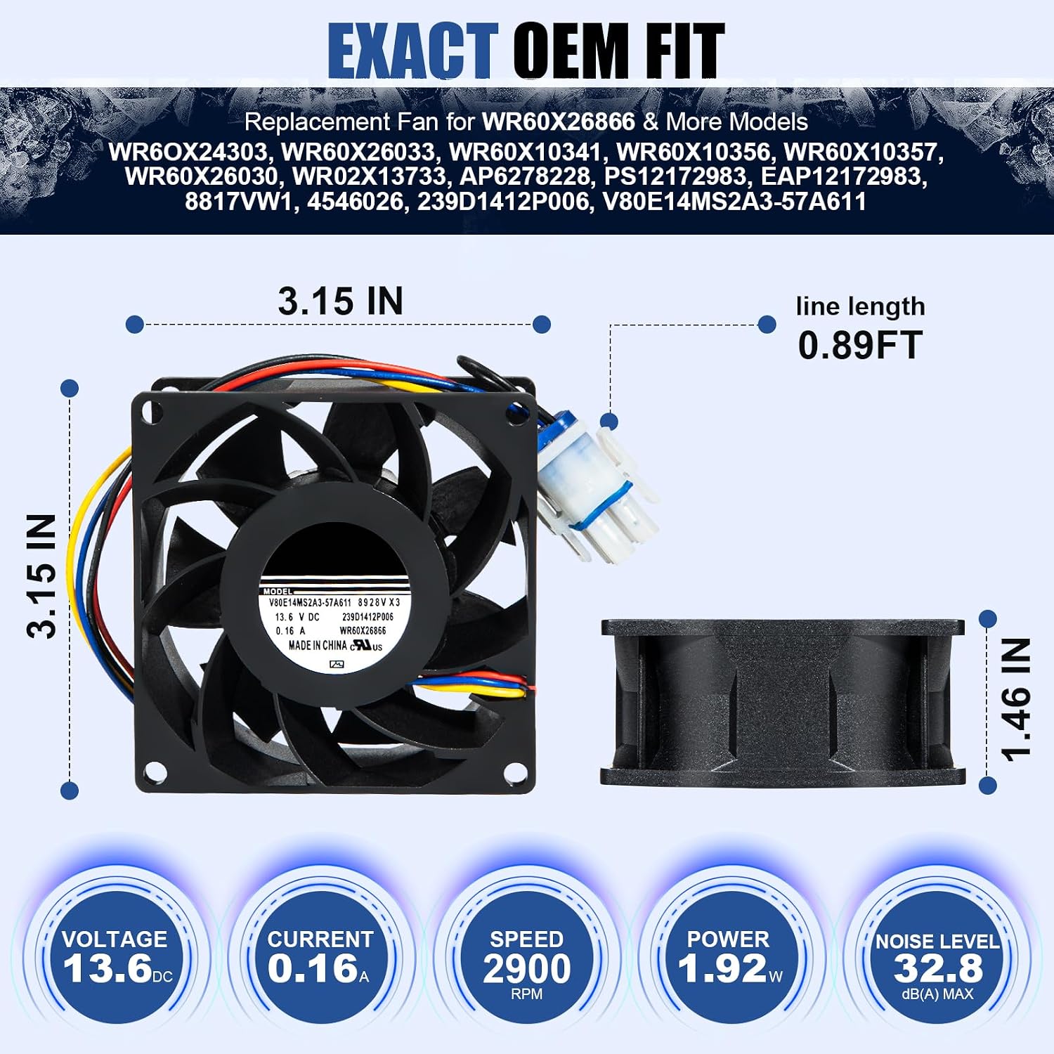 Detalle 2 de EOEDEPAZ MTR-WR60X26866-01 Refrigerator Evaporator Fan Motor, 7-Blade, 6-Pin