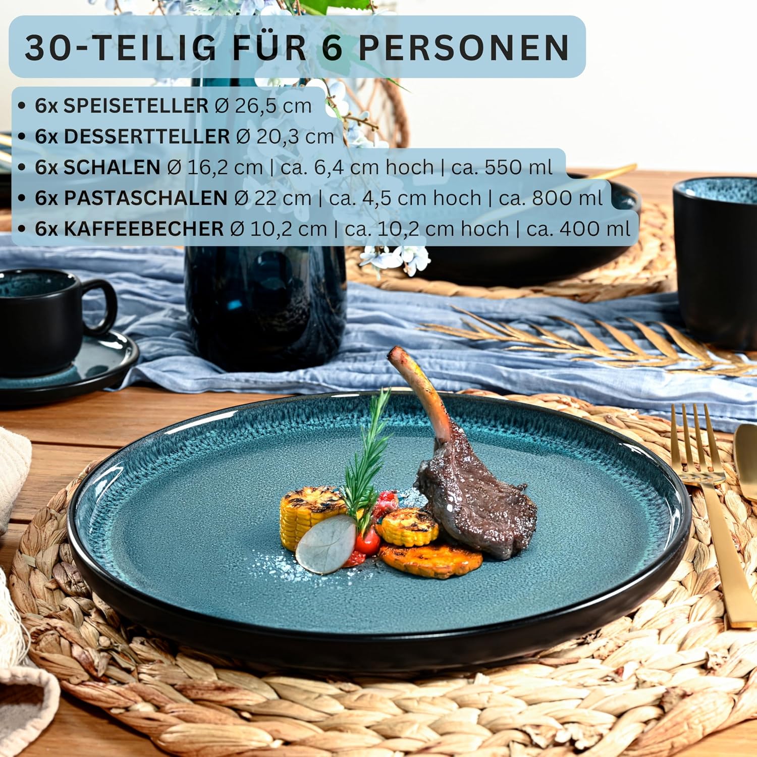 Detalle de SÄNGER Vigo Kombiservice für 6 Personen (30-tlg.) – blau-schwarzes Steingut-Geschirrset mit Pastateller, Kaffeebechern & mehr