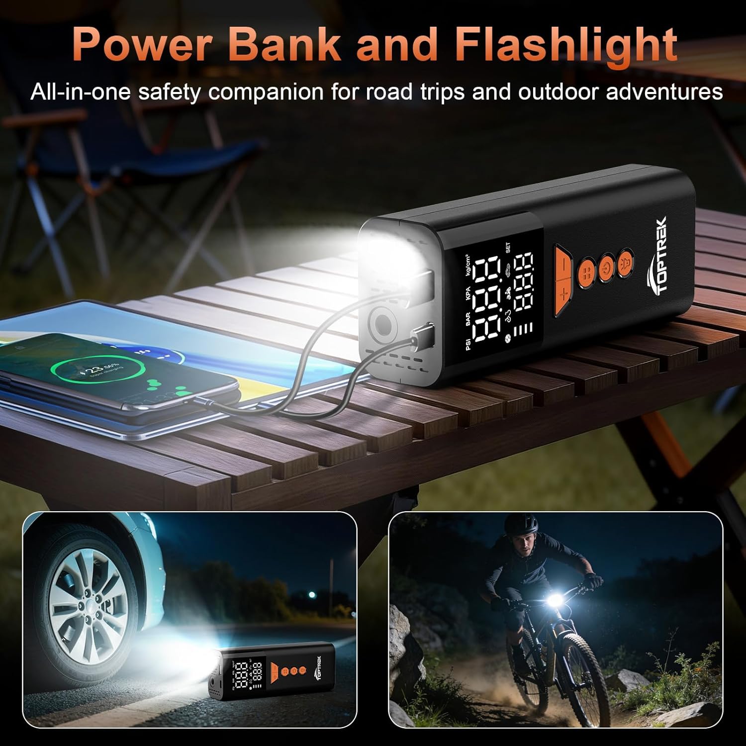 Thumbnail 4 de toptrek Cordless Tyre Inflator (150 PSI) with LED Light, Auto Shutoff & 4000mAh Power Bank