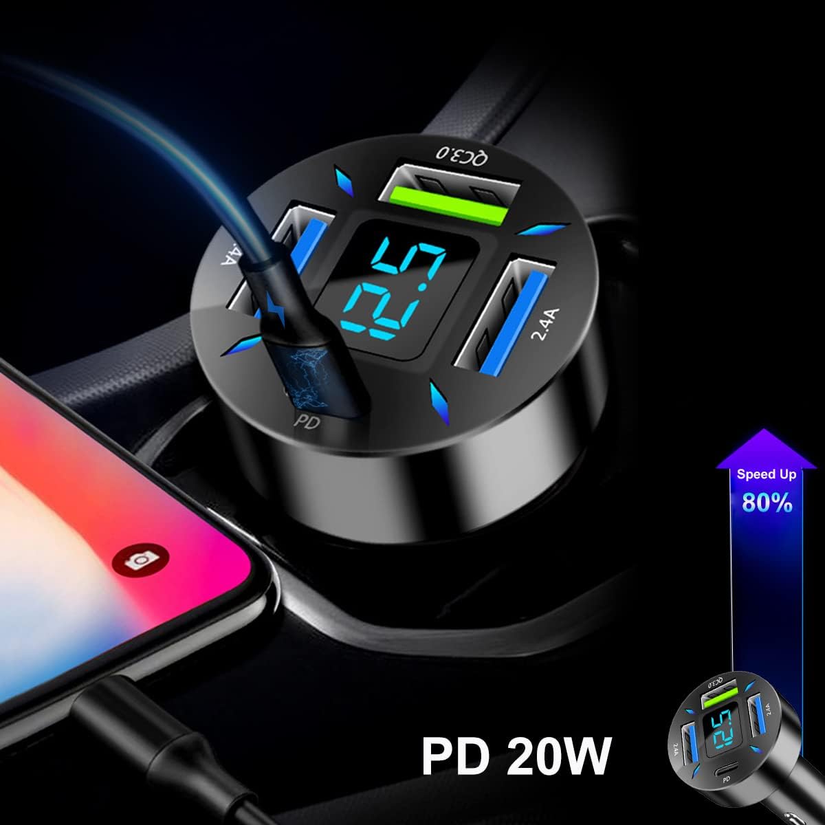 Thumbnail 2 de 4-Port USB C Auto Ladegerät 50W QC3.0 PD