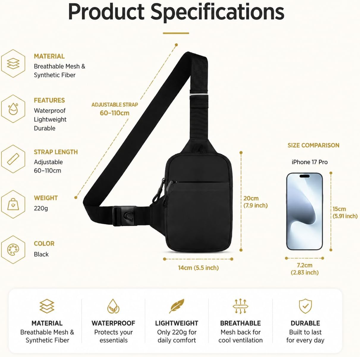 Detalle 2 de Simptech Schultertasche Mini Crossbody/Brusttasche mit Doppeltasche (wasserabweisend, freihändig) – Neu Schwarz
