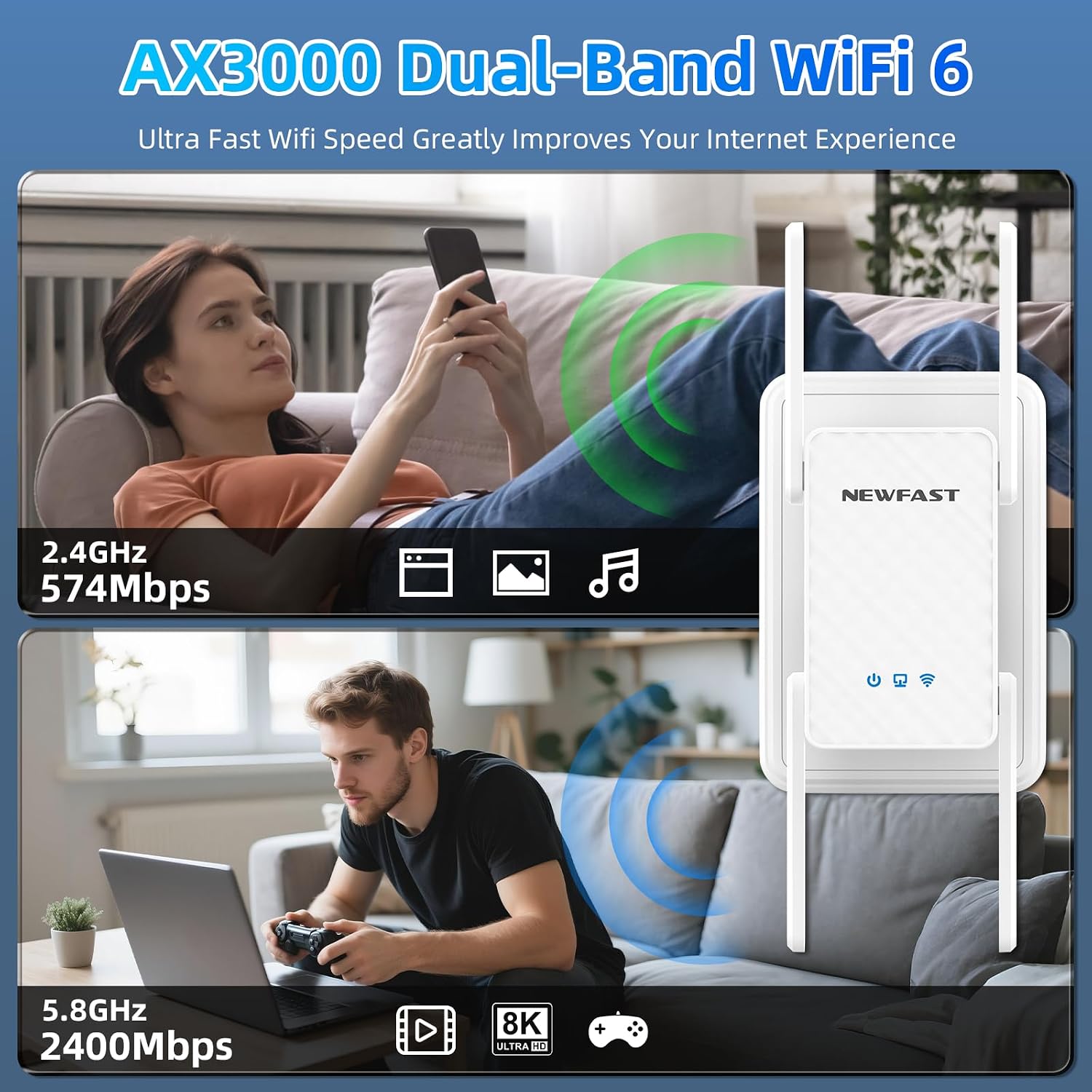 Detalle de NEWFAST 3000Mbps WiFi 6 Extender, Dual-Band with Gigabit Ethernet