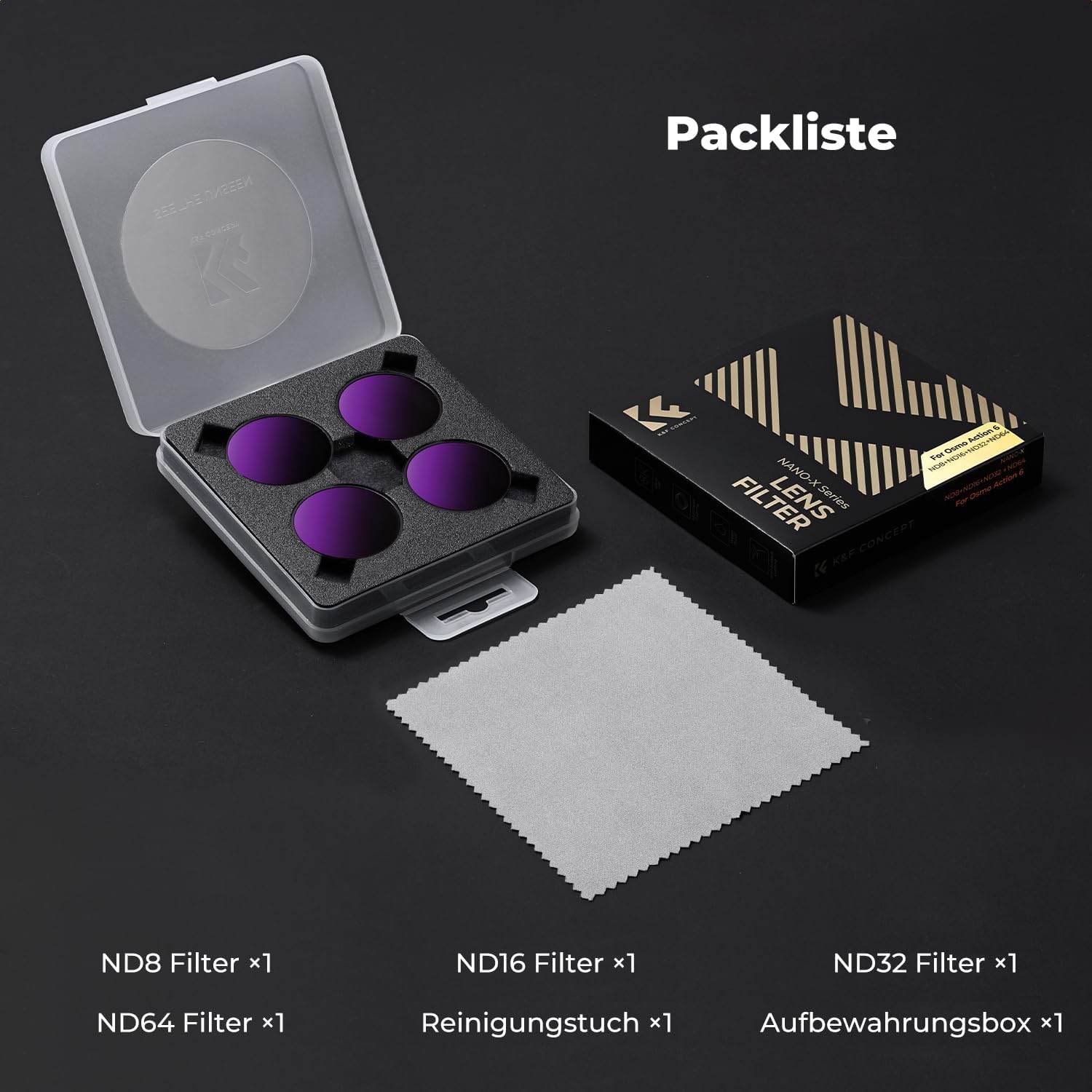 Thumbnail 6 de K&F CONCEPT Clip-On Schnellwechsel-Filter-Kit für DJI Osmo Action 6 – 4er-Pack ND8/ND16/ND32/ND64 (mit PL)