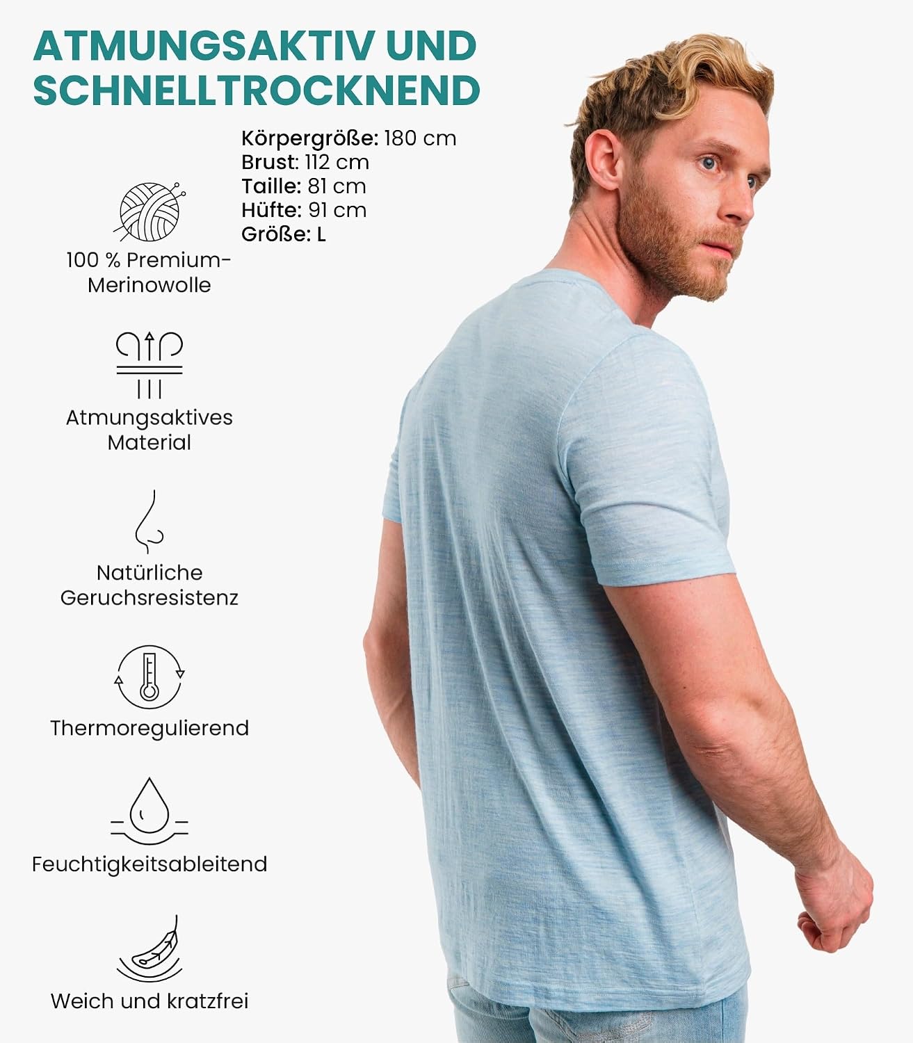 Detalle de Premium Merino Shirt Herren Kurzarm – Atmungsaktiv & Geruchshemmend mit Wandern-Set (Merino-Wollsocken inklusive)