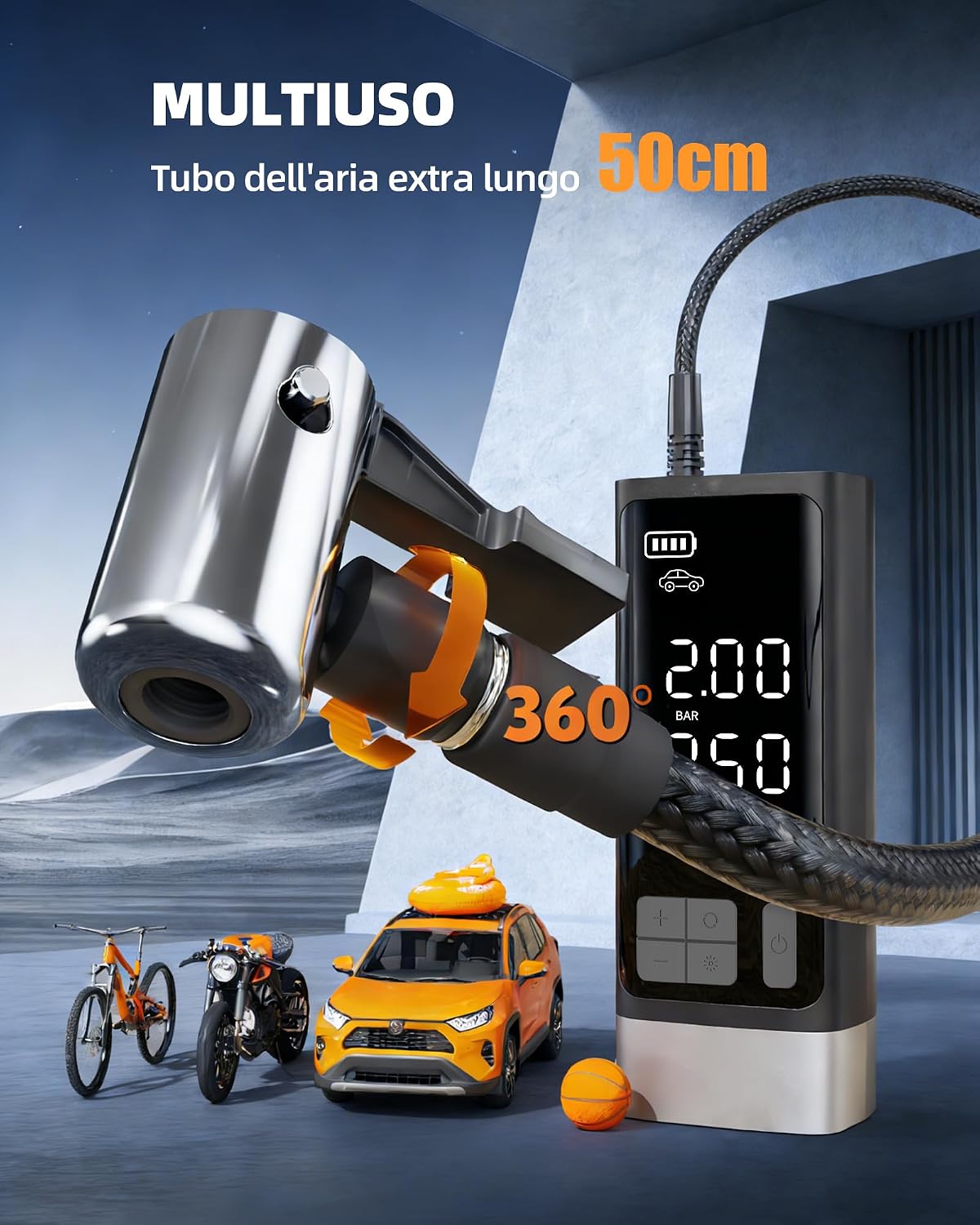 Detalle de Compressore Aria Portatile Auto 10,3 Bar – Kit Emergenza Multifunzione con LED e Batteria 2500 mAh