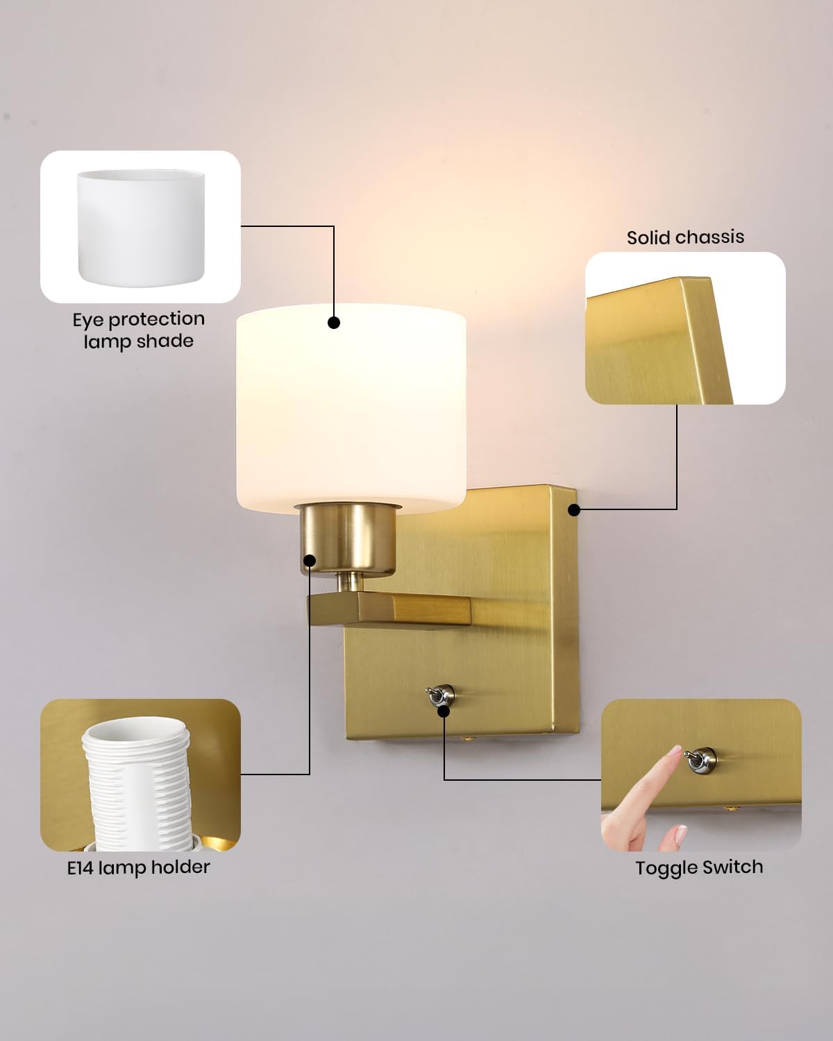 Thumbnail 6 de LumiZhen 1-Light Modern Gold Bathroom Vanity Light — Wall Sconce with Matte White Glass Shades