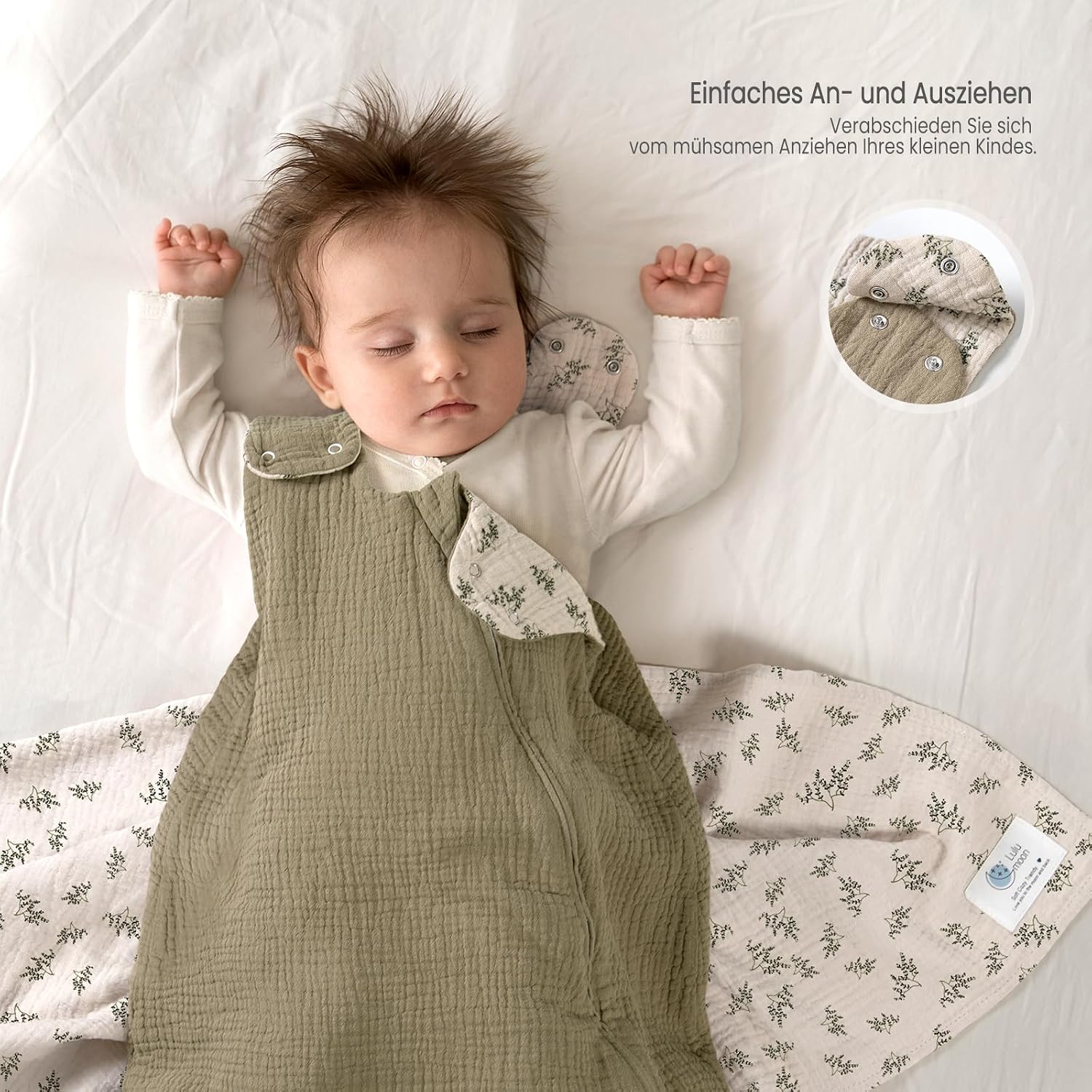 Detalle 2 de lulumoon Baby-Schlafsack (3–9 Monate) aus Musselin – doppellagig, Baumwolle, TOG 0,7, YKK-Reißverschluss