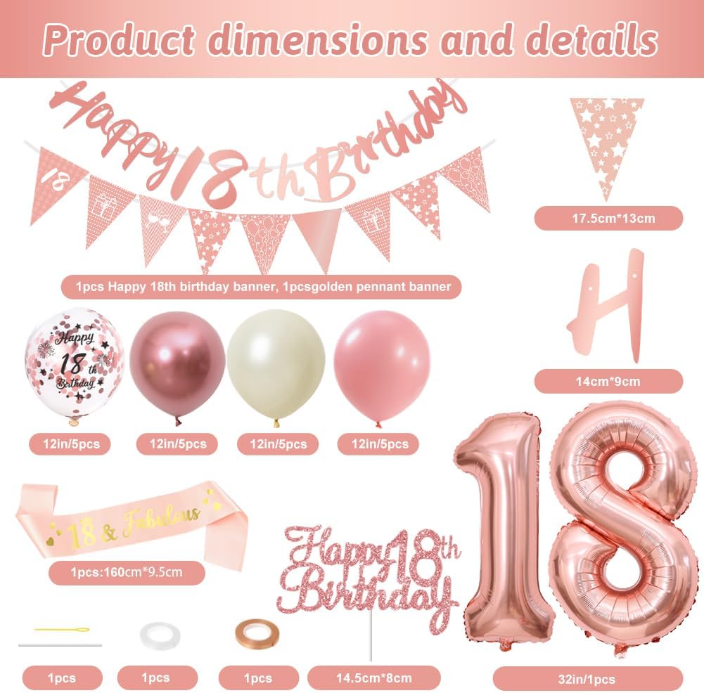 Thumbnail 1 de 18th Birthday Decorations Retro Pink Rose Gold Set – Blush Pink banner, pennant flags, cake topper, foil number balloon & balloons