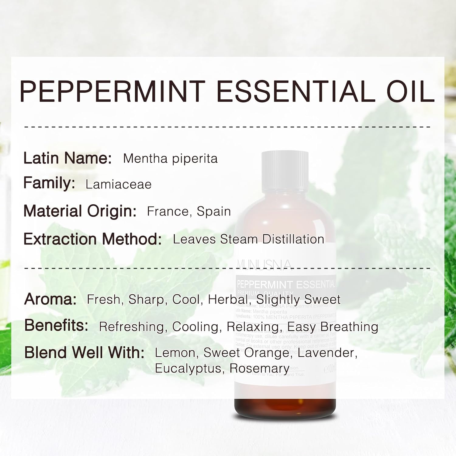 Detalle de MUNUSNA Peppermint Essential Oil: 100% Pure & Natural, 100ML – Premium Aromatherapy for Skin, Hair, Diffuser, and DIY Crafts