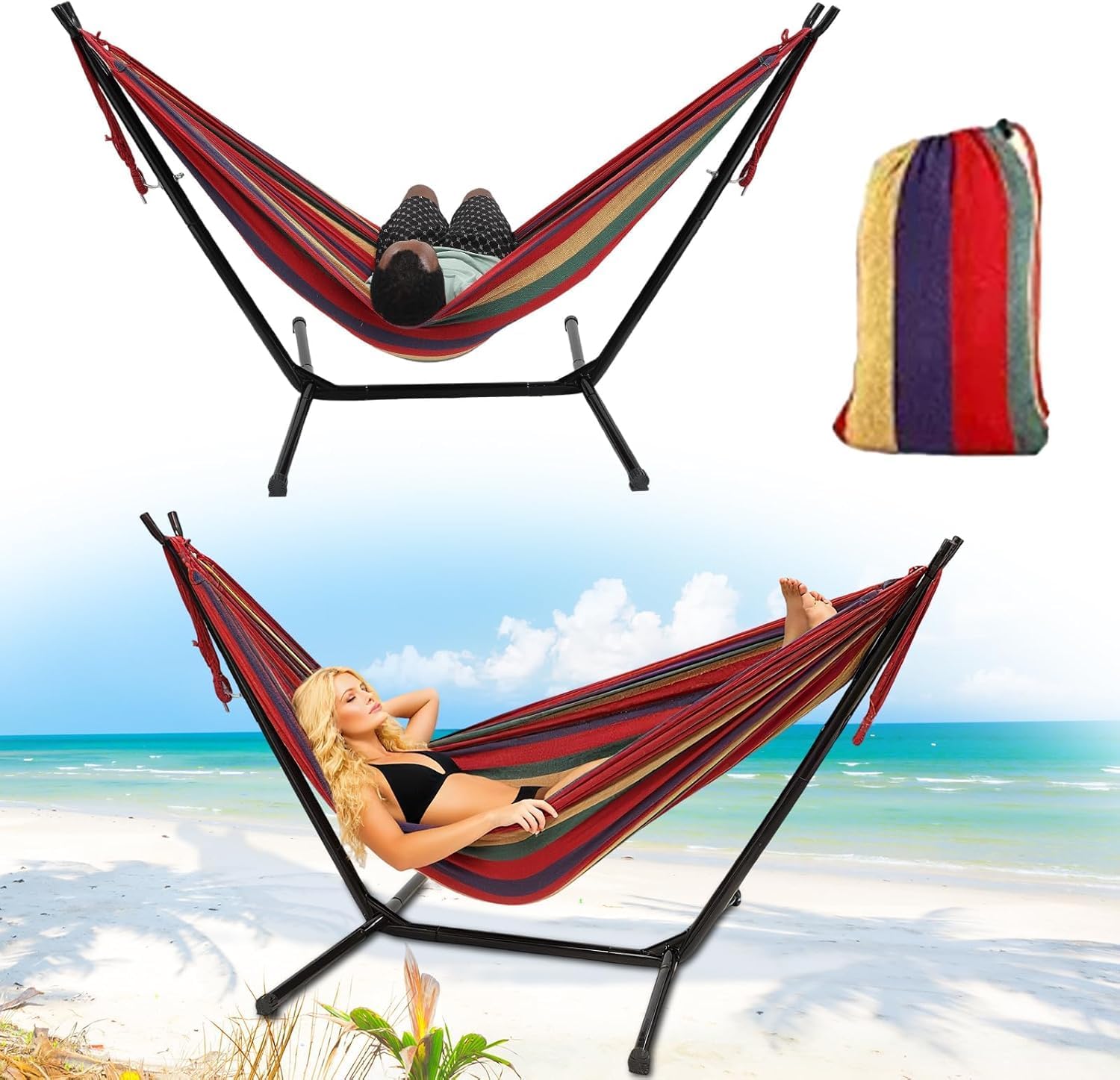 Blue 2 Person Hammock with Stand for Outside (600lbs capacity) + Carry Bag