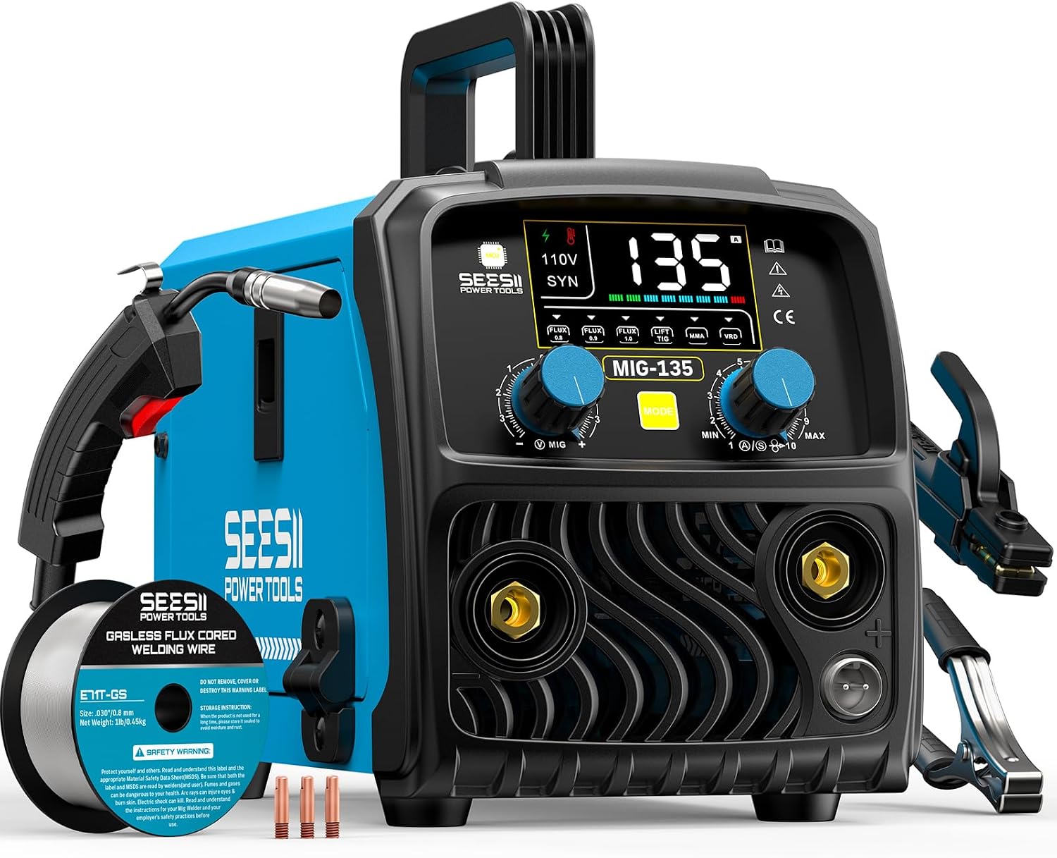 Detalle de SEESII 135A MIG Welder (110V) — 3-in-1 Gasless Flux Core, Lift TIG, and Stick Welding Machine