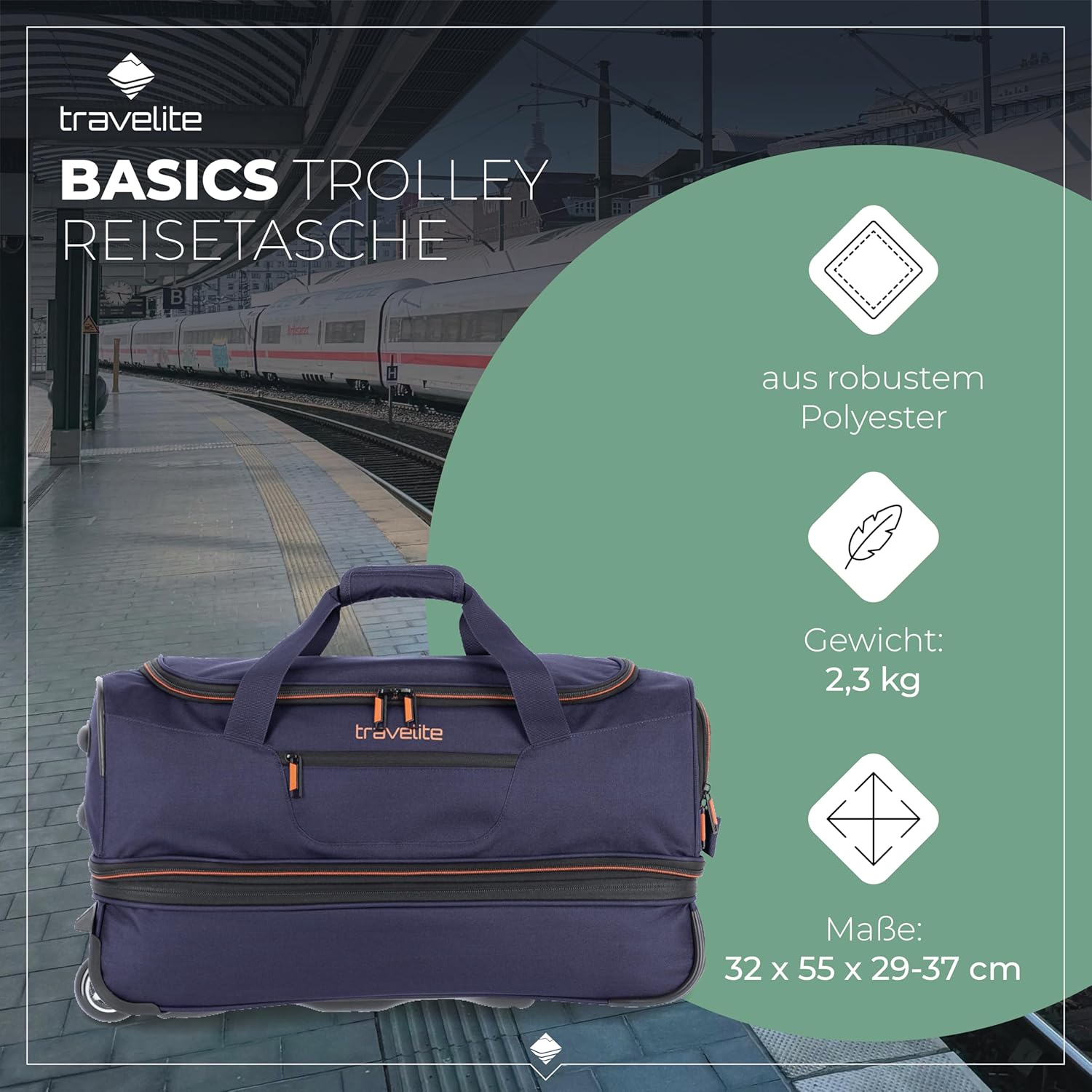 Detalle de Travelite Trolley Reisetasche Basics mittelgroß mit Rollen, 51–64 l, 55 cm, Blau
