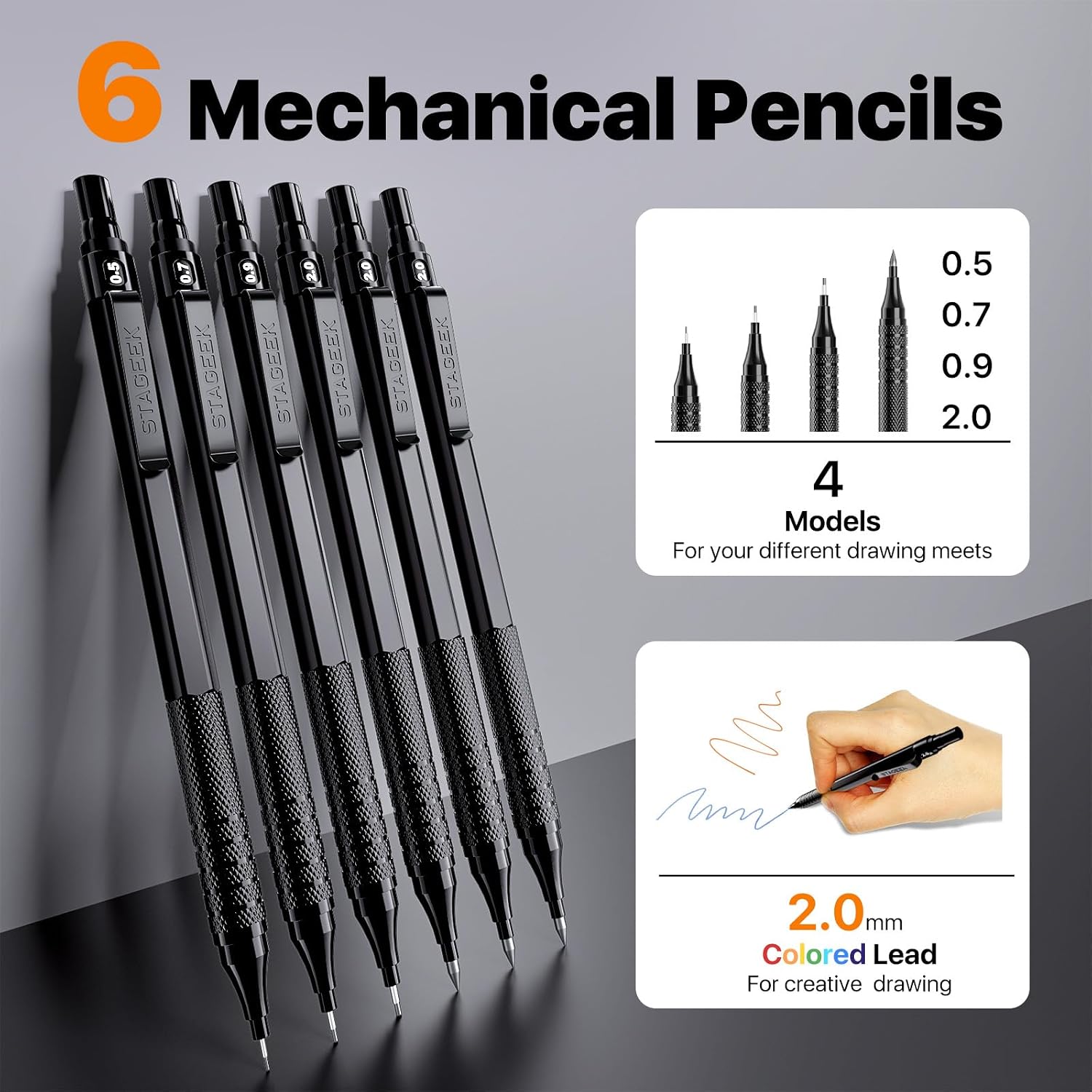 Detalle de STAGEEK 6-Stück Druckbleistift-Set – Metallgehäuse, 0,5/0,7/0,9/2,0 mm Minen, 384 Nachfüllminen, schwarz
