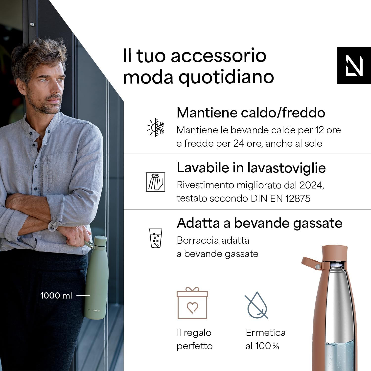 Thumbnail 1 de LARS NYSØM Nåde borraccia termica da 1 litro in acciaio inox (Blush Rose) – bottiglia isolata 1000 ml