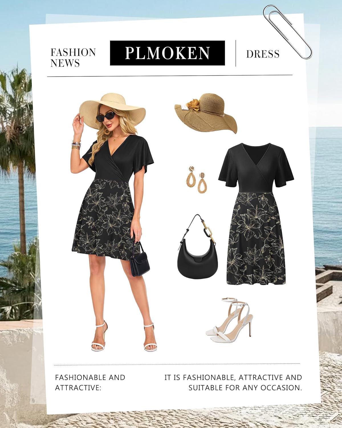 Detalle de PLMOKEN Robe d'été pour femmes - Robe de plage sexy à manches volantées, encolure en V croisé, taille empire et poches