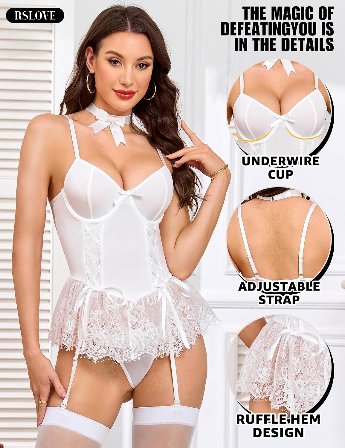 Detalle de RSLOVE lingerieset met jarretelgordel, V-hals en verstelbare veters